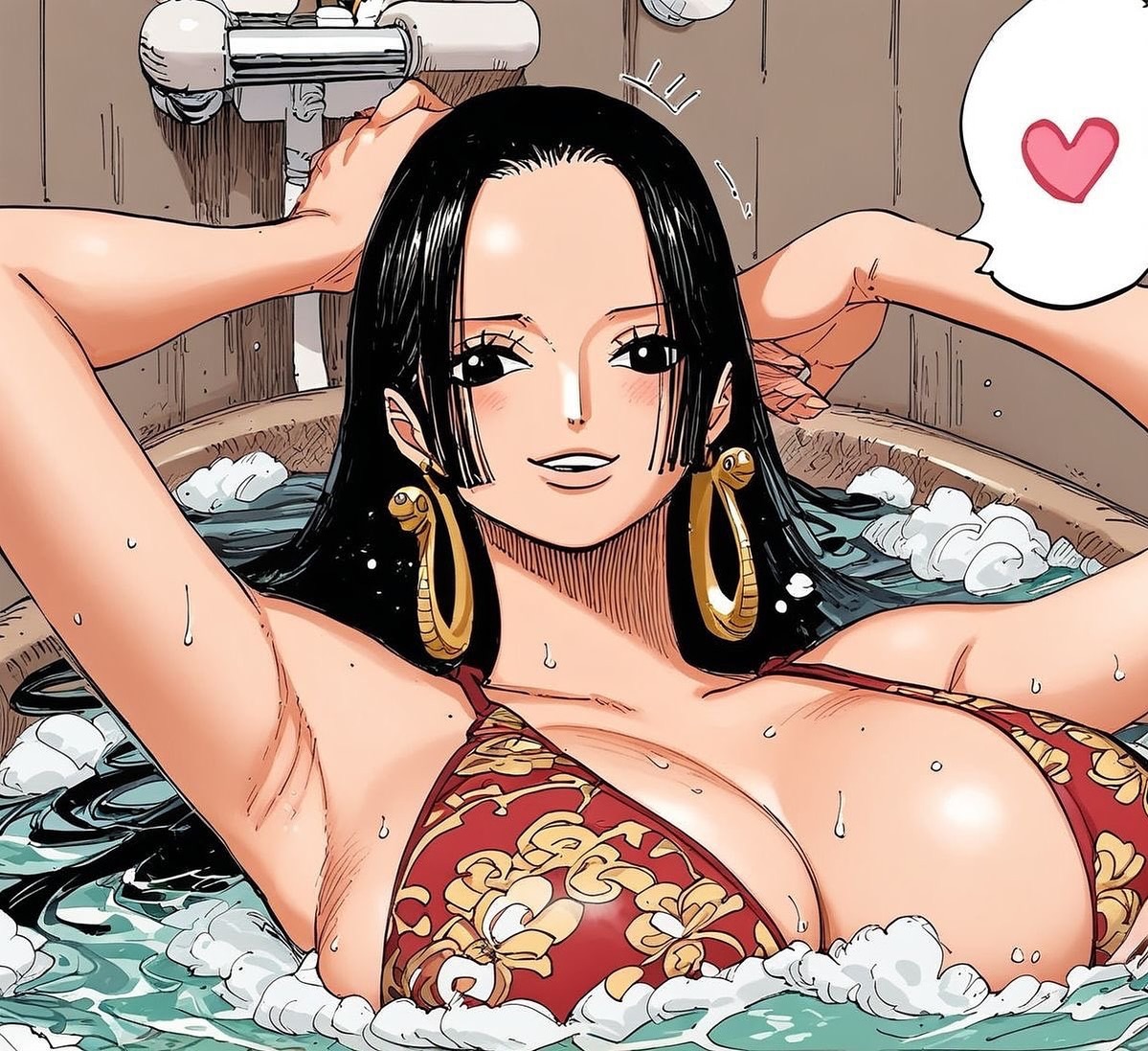 1girls, ai generated, bikini, black hair, black-haired female, boa hancock, breasts, cleavage, dioesdeath, female, female only, huge breasts, large breasts, long hair, one piece, pool, smile, water