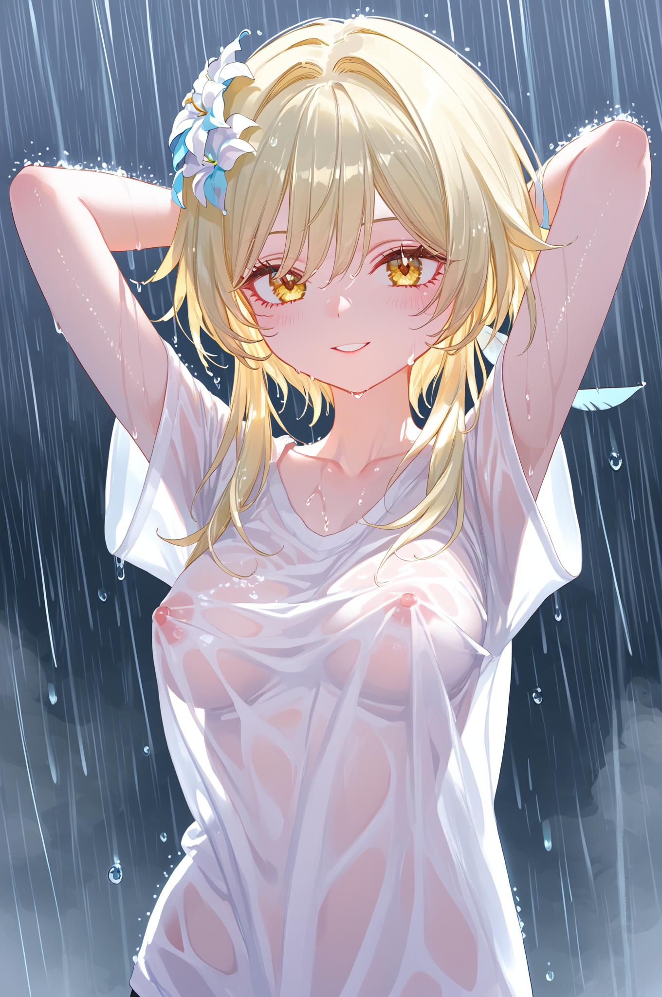 ai generated, breasts, breasts visible through clothing, female, genshin impact, lumine (genshin impact), ministro, nipples, nipples visible through clothing, no bra, rain, transparent clothing, wet