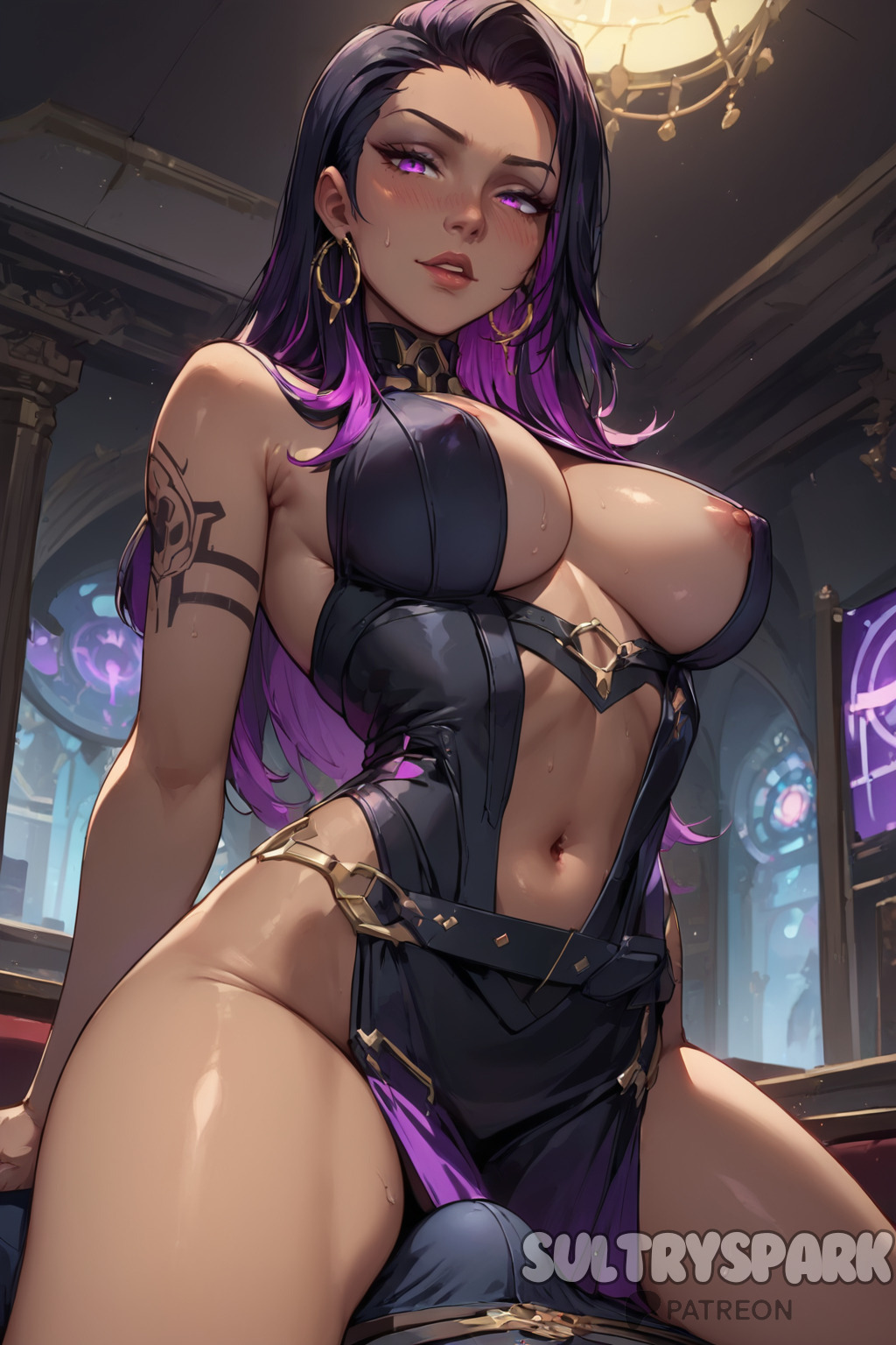 1boy, 1girls, ai generated, artist name, breasts, bulge, character, cowgirl position, female, from below, from below view, futarush, large breasts, looking at viewer, male, medium breasts, on top, patreon, patreon username, pov, purple eyes, purple hair, reyna (valorant), riot games, seductive, seductive look, sultryspark, teasing, teasing viewer, valorant, video game, video games