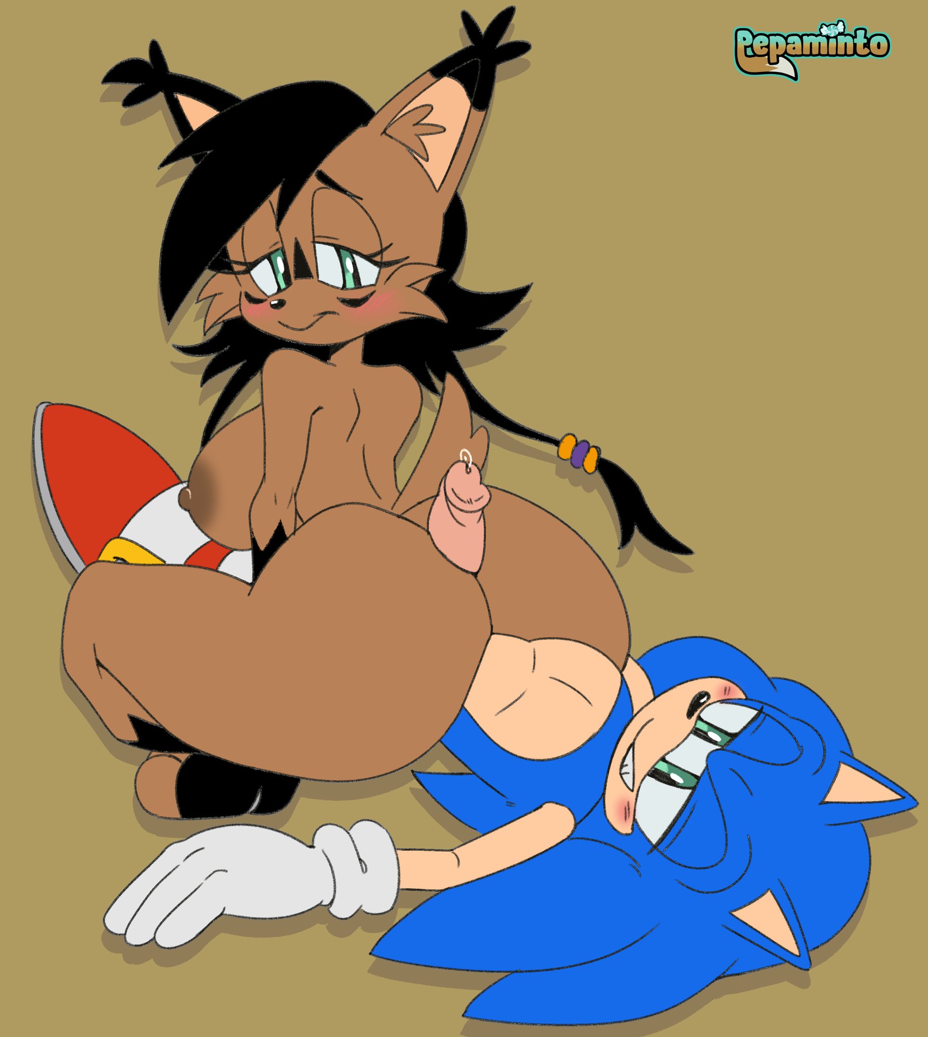 1boy, 1girls, alternate breast size, anthro, anthro on anthro, anthro only, anthrofied, areolae, artist name, ass, assjob, black hair, blue fur, blush, breasts, brown fur, buttjob, covered assjob, covered buttjob, eulipotyphlan, female, fur, gloves, huge ass, large breasts, lying on back, male, nicole the lynx, nipples, on back, penis, penis between ass, pepamintop, sideboob, sonic (series), sonic the hedgehog, sonic the hedgehog (archie), sonic the hedgehog (series)