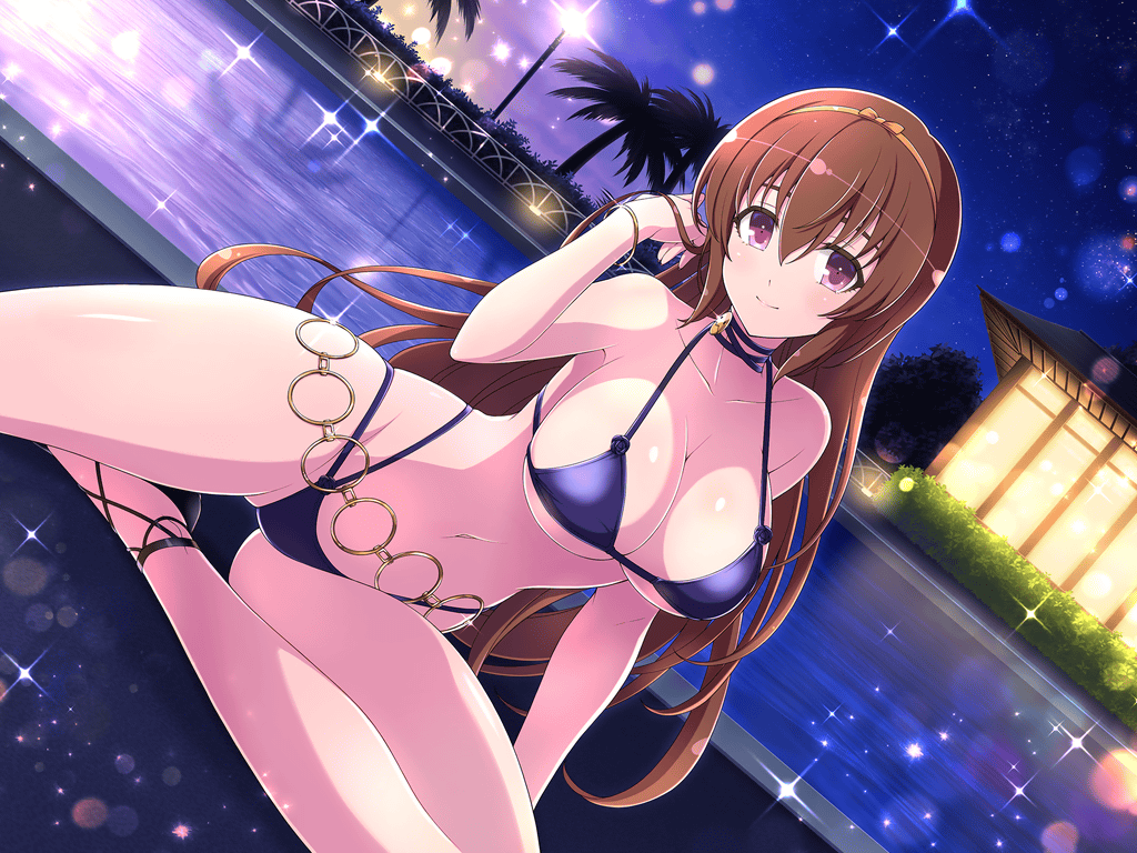 armpits ass_visible_through_thighs bare_arms bare_belly bare_legs bare_shoulders bare_thighs belly_button belt big_breasts bikini blush body_blush bracelet breasts brown_hair cleavage closed_mouth collarbone crossover female female_only hairband hyakka_ryouran_samurai_girls jewelry long_hair marvelous multi-strapped_bikini_bottom official_art playing_with_hair poolside purple_bikini purple_eyes revealing_clothes senran_kagura_new_link shiny_skin sideboob smile thighs tokugawa_sen underboob water yaegashi_nan