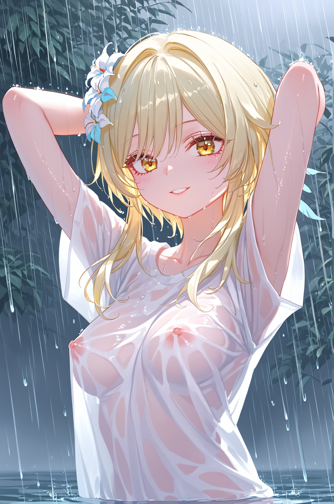 ai generated, breasts, breasts visible through clothing, female, genshin impact, lumine (genshin impact), ministro, nipples, nipples visible through clothing, no bra, rain, transparent clothing, wet