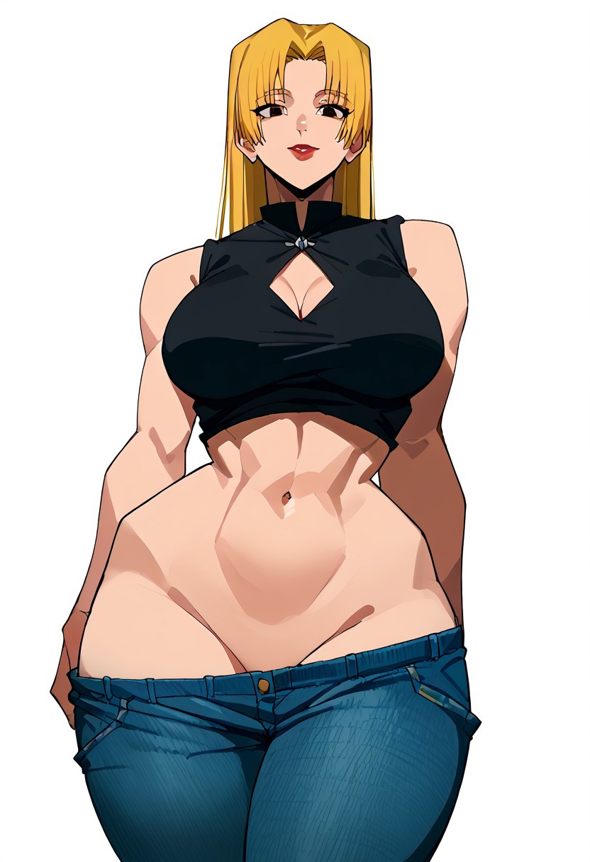 absurd_res ai_generated big_grin digital_media_(artwork) female_only hi_res hip_dips hips jujutsu_kaisen official_style pants_down posing_for_picture simple_background solo tagme waist white_background yuki_tsukumo