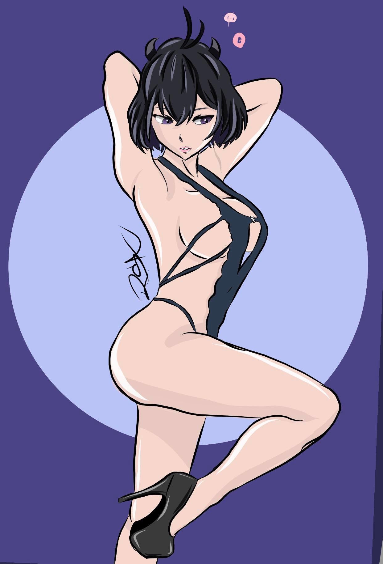 arms behind head, arms up, black clover, black hair, breasts, dsarts, female, female only, heels, horns, large breasts, leg raise, looking down, one-piece swimsuit, parted lips, partially clothed, plain background, pose, posing, purple background, purple eyes, secre swallowtail, short hair, side view, sideboob, solo, solo female, thick thighs, thighs, watermark