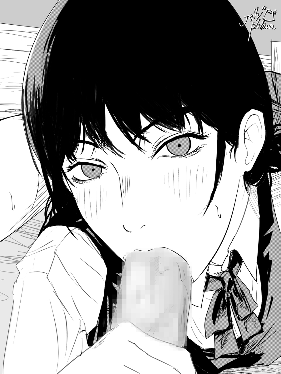 black hair, chainsaw man, fellatio, female, jellyplatinum21, looking at viewer, mitaka asa