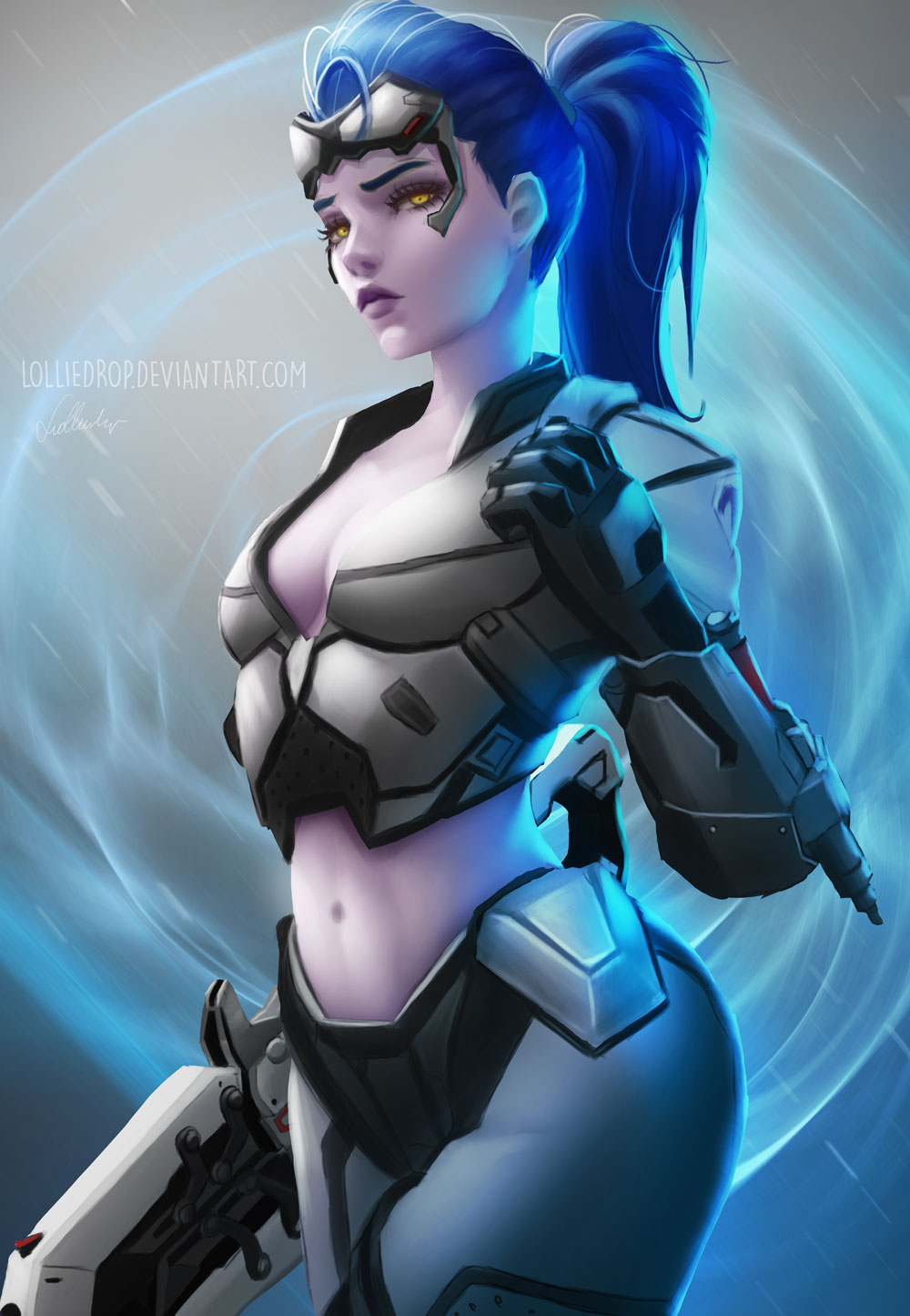 1girls 3d alternate_costume blizzard_entertainment blue_hair dark_blue_hair eyeshadow female lolliedrop looking_at_viewer overwatch pale_skin ponytail purple_lipstick purple_skin solo talon_widowmaker widowmaker yellow_eyes