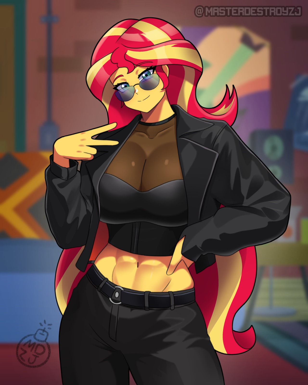 1girls, abs, big breasts, big thighs, big titties, blue eyes, breasts, clothing, curvaceous, curvaceous female, curvaceous figure, curvy, curvy figure, curvy hips, equestria girls, female, female focus, female only, friendship is magic, hasbro, looking at viewer, masterdestroyzj, multicolored hair, my little pony, solo, strong, strong female, sunset shimmer, yellow skin