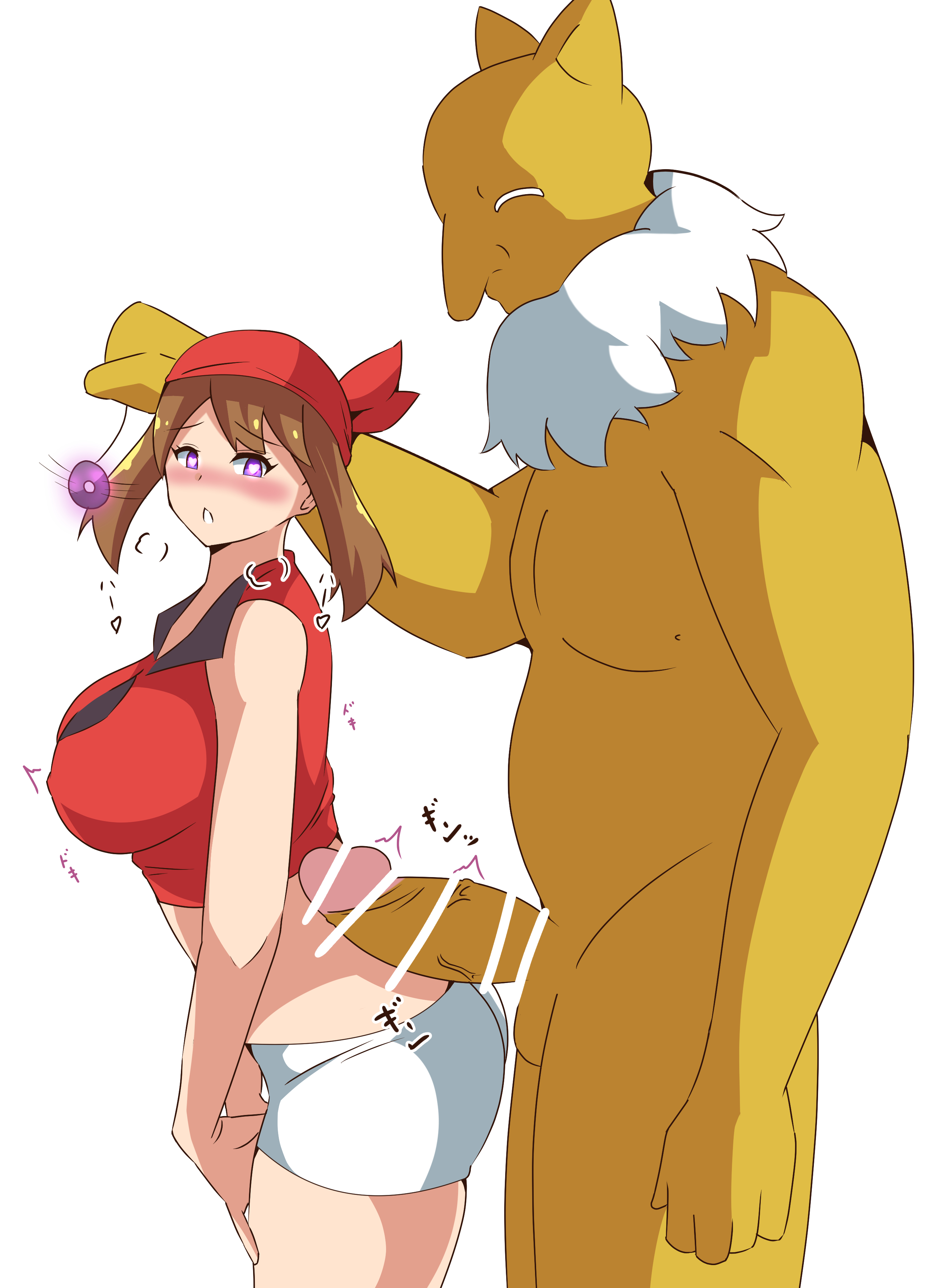 1boy, 1girls, alternate breast size, anthro, balls, big breasts, breasts, brown hair, censor bar, censored, cielr18, female, hypno, interspecies, large breasts, male, may (pokemon), medium hair, mind control, minishorts, nintendo, penis, pokemon, pokemon (species), pokemon rse, pokephilia, purple eyes, shorts, thighs, veiny penis, white background, yellow fur
