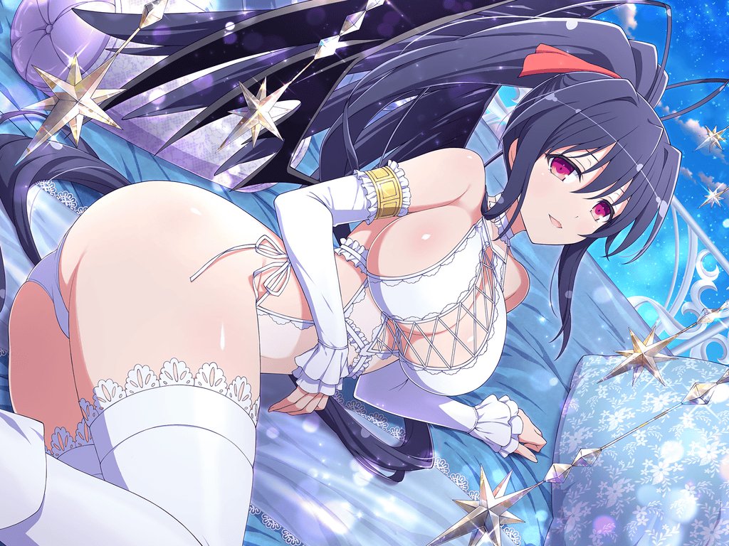 akeno_himejima antenna_hair armpit_crease ass bare_shoulders bed bed_sheet big_breasts black_hair blush body_blush bra breasts bride choker cleavage crossover demon_wings detached_sleeves frills hair_ribbon high_school_dxd lace-trimmed_bra lace-trimmed_thighhighs lace_trim lingerie long_hair lying marvelous official_art on_bed on_side open_mouth panties ponytail purple_eyes senran_kagura_new_link shiny_skin side-tie_panties sideboob smile thighhighs thighs underwear wedding_lingerie white_bra white_panties white_thighhighs yaegashi_nan