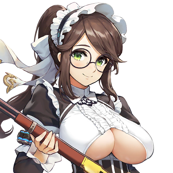 big_breasts brown_hair color constantia_s2 constantia_s2_(last_origin) eyebrows_visible_through_hair female female_focus female_only game_cg glasses green_eyes gun high_collar kakiman last_origin long_hair looking_at_viewer maid maid_headdress maid_uniform ponytail rifle round_glasses smile smiling smiling_at_viewer transparent_background underboob underboob_cutout upper_body