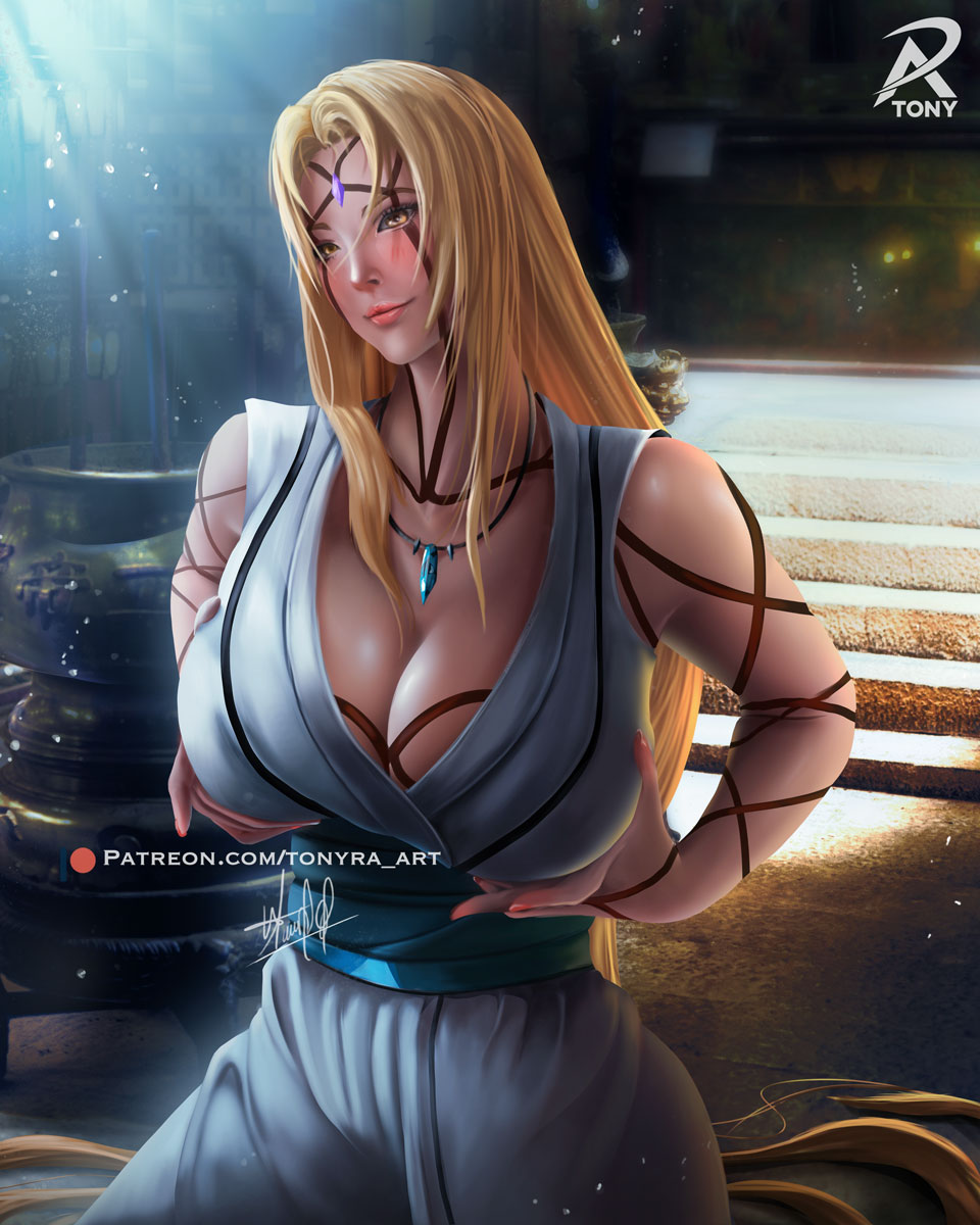 1girls alternate_version_available bare_arms bare_shoulders big_breasts blonde_female blonde_hair blush body_markings boruto:_naruto_next_generations breast_grab breast_squeeze brown_eyes busty cleavage detailed_background face_markings female female_focus female_only forehead_jewel forehead_mark hand_on_breast highres inner_sideboob jewelry large_breasts lips lipstick long_hair makeup mature mature_female milf nail_polish naruto naruto_(classic) naruto_(series) naruto_shippuden necklace pink_lips pink_lipstick pink_nail_polish pink_nails pinup presenting_breasts realistic shounen_jump sleeveless sleeveless_dress solo solo_female solo_focus tonyraart tsunade very_long_hair voluptuous wide_hips