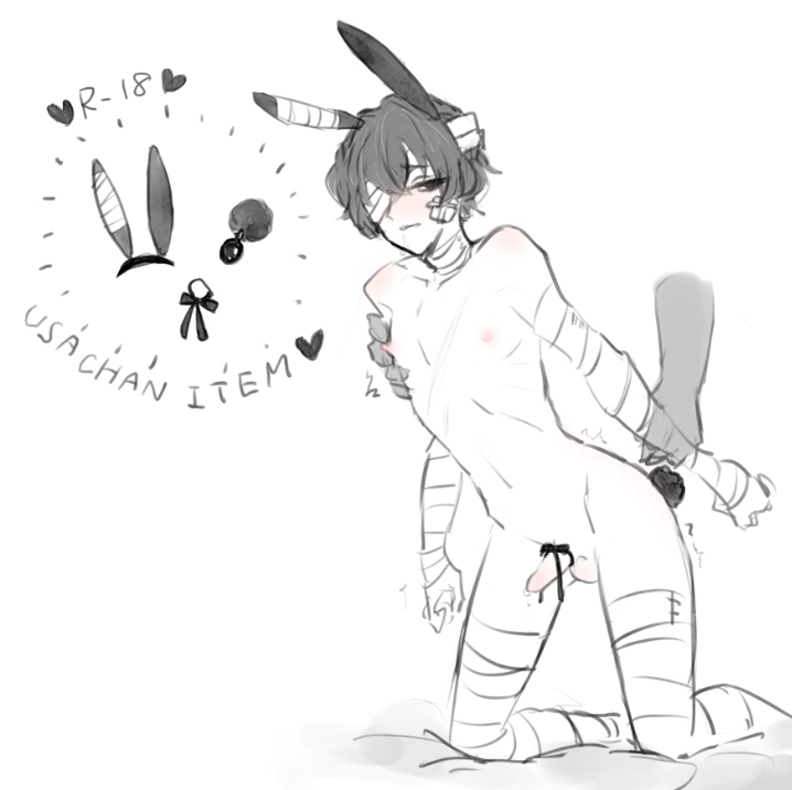 anon anonymous_character anonymous_male arm_grabbing arm_support bandage bandage_on_face bandage_over_one_eye bandaged_leg bandages bottom_dazai bsd bungo_stray_dogs bungou_stray_dogs bunny_boy bunny_ear bunny_ears bunny_tail buttplug chest_grab chest_grope dark_eyes dark_hair dazai_osamu feminine_male hand_on_chest light-skinned_male light_skin male male_focus male_only malesub osamu_dazai ribbon ribbon_around_penis ribbon_on_penis shy thin twink unseen_male_face white_background white_body white_skin