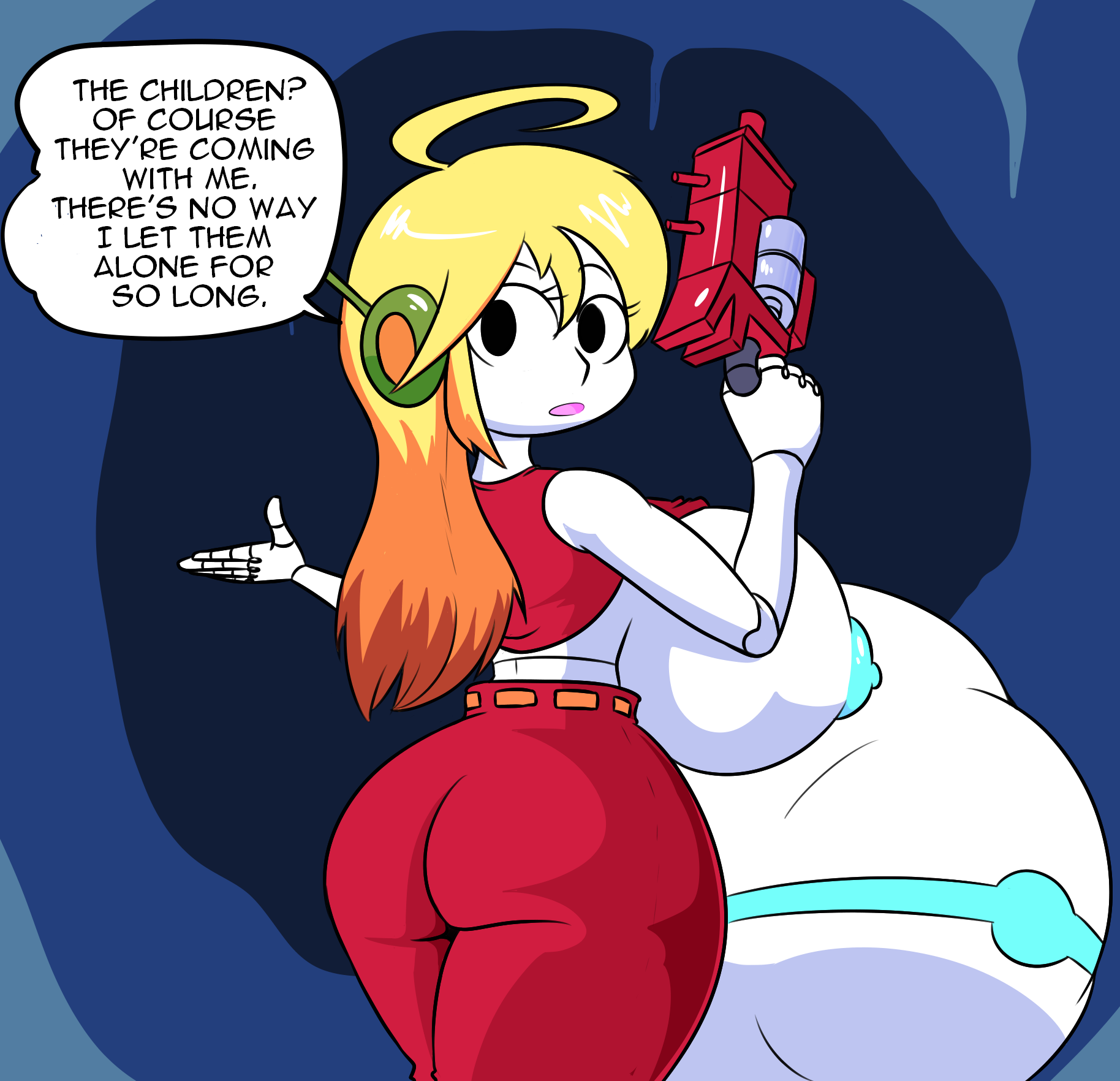 back view, bellymuffing (artist), breasts, bulging belly, cave story, curly brace, endosoma, female, female focus, huge belly, huge breasts, inflation, robot, robot girl, safe vore, vore