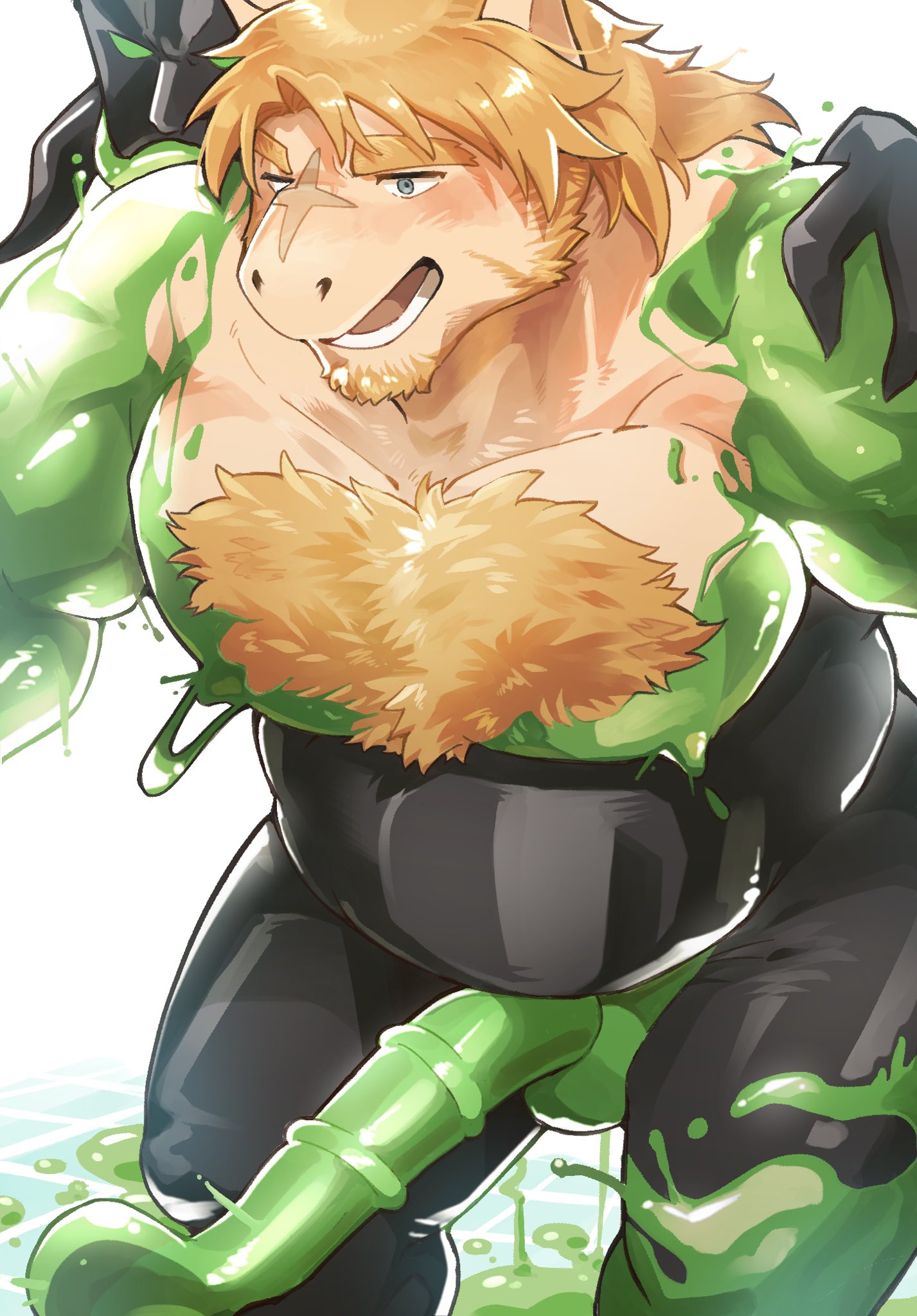 animal_genitalia animal_penis animate_inanimate anthro balls beard black_goo blonde_hair blush body_hair chest_hair covered_in_goo demon duo equid equine equine_genitalia equine_penis equus_(anothereidos_r) facial_hair felid genitals goo_suit green_goo hair hi_res horse jade_(anothereidos_r) living_clothing long_hair male mammal nipples pantherine penis rudolph_trnd sideburns