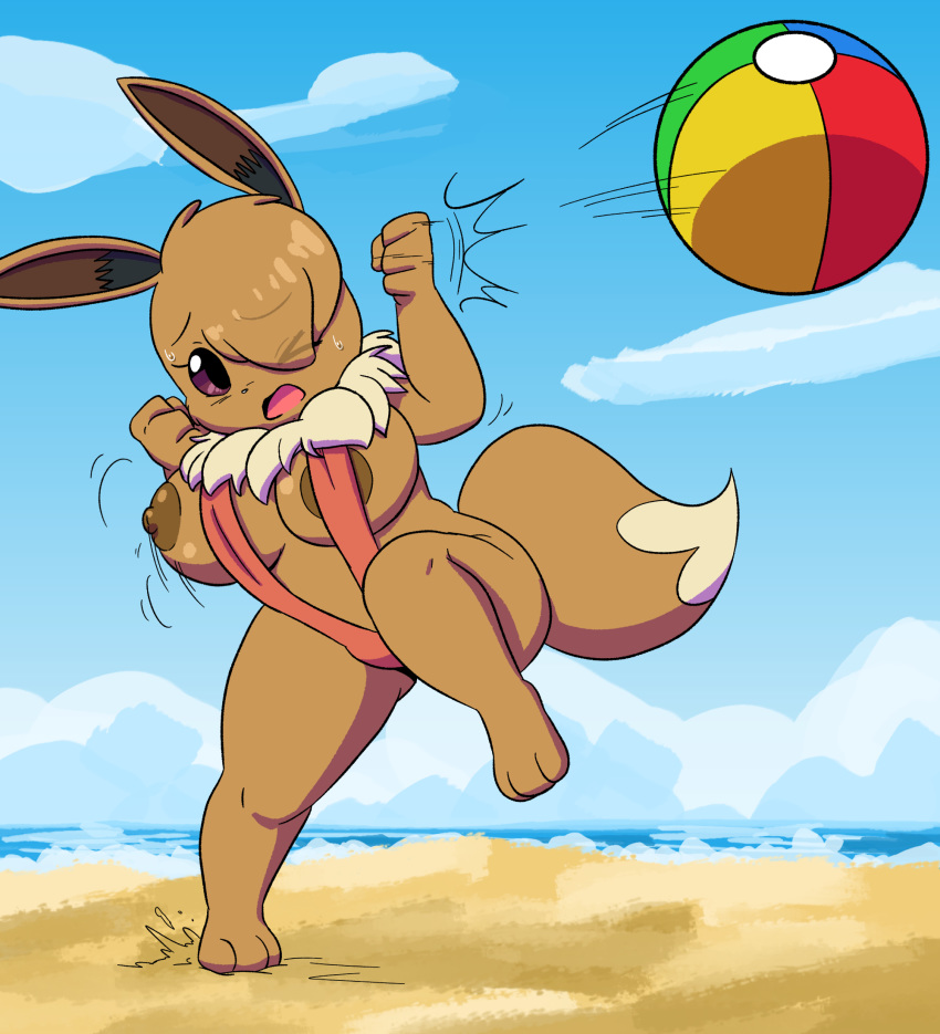 2019 anthro areola areola_slip ball bangs beach beach_ball big_breasts bikini breasts clothing cloud digital_media_(artwork) eevee eve_(joaoppereiraus) female hi_res joaoppereiraus nintendo nipples one_eye_obstructed open_mouth outside pokémon_(species) pokemon pokemon_(species) pokemon_only seaside sky sling_bikini sling_bikini_aside solo swimwear video_games wardrobe_malfunction