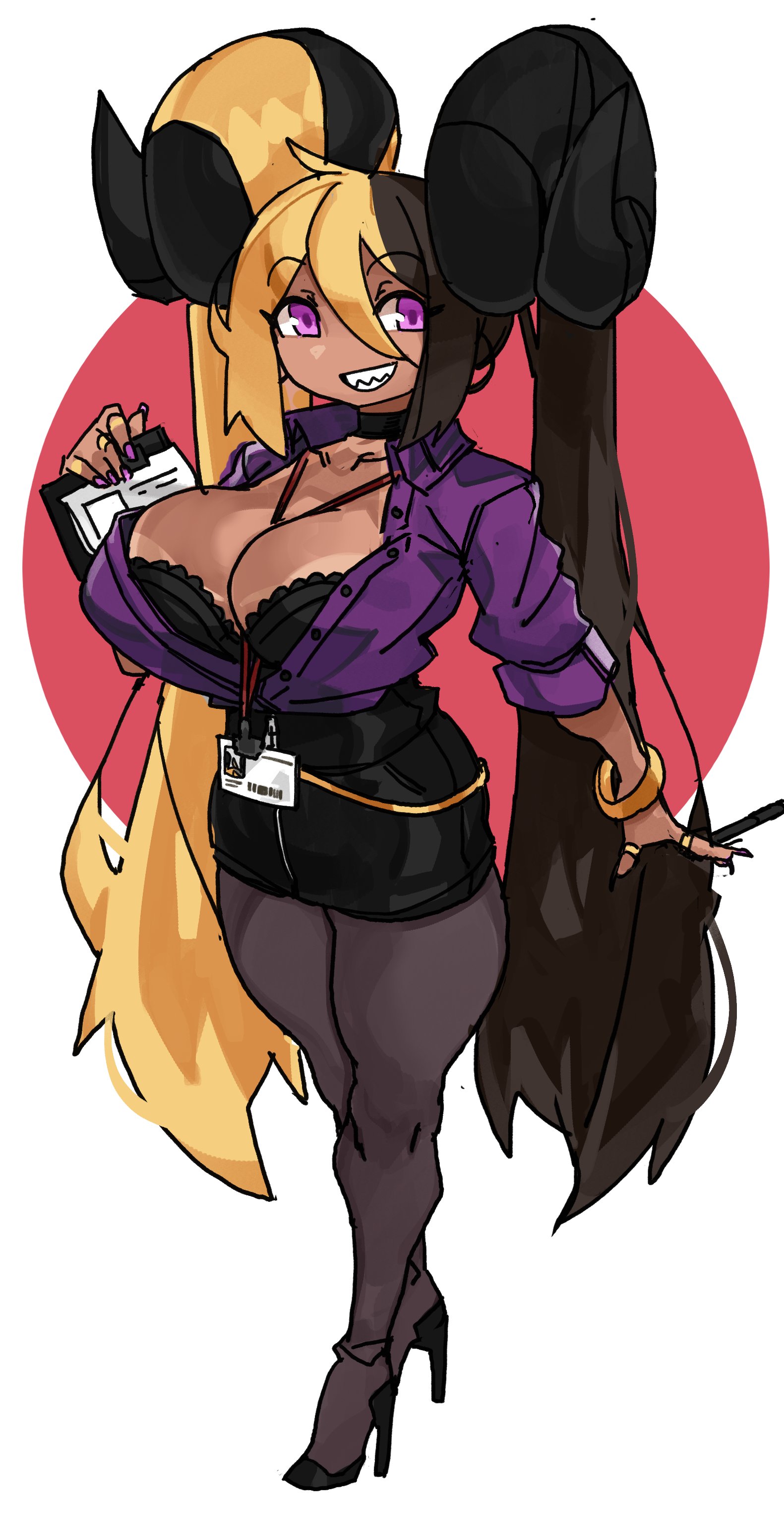 1girls, ahoge, aife (zanamaoria), big horns, black hair, blonde hair, bracelet, choker, cleavage, curved horn, demon, female, female only, hair on horn, heels, horns, id card, long hair, looking at viewer, office lady, open clothes, original, pantyhose, pink eyes, pink nails, ring, sharp teeth, skirt, solo, solo female, succubus, tan skin, tanline, teeth showing, thumb ring, two-tone hair, very high resolution, zanamaoria