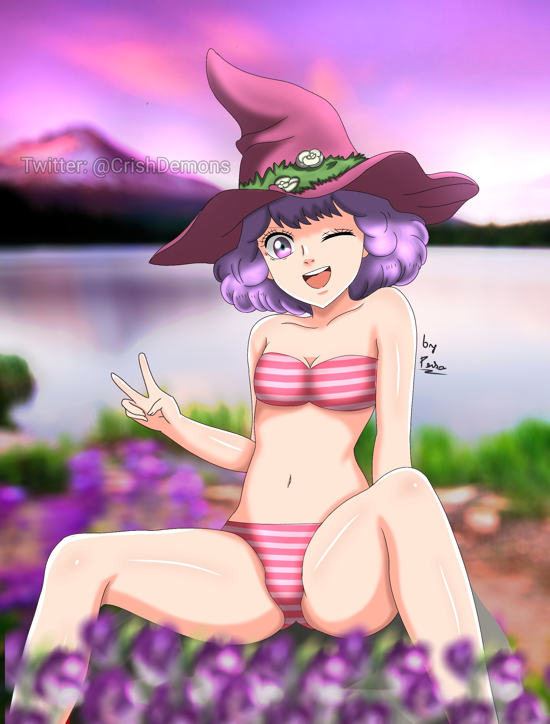 1girls, bikini, bikini bottom, bikini top, black clover, breasts, cleavage, crishdemons, cute, dorothy unsworth, female, female only, flowers, hourglass figure, lake, legs apart, legs spread, looking at viewer, nature, open mouth, peace sign, petite, pink hair, short hair, short purple hair, small breasts, small waist, smile, smiling, solo, solo female, spread legs, swimsuit, thick thighs, thighs, unusual anatomy, unusual eyes, unusual pupils, water, watermark, wide hips, wink, winking, witch, witch hat
