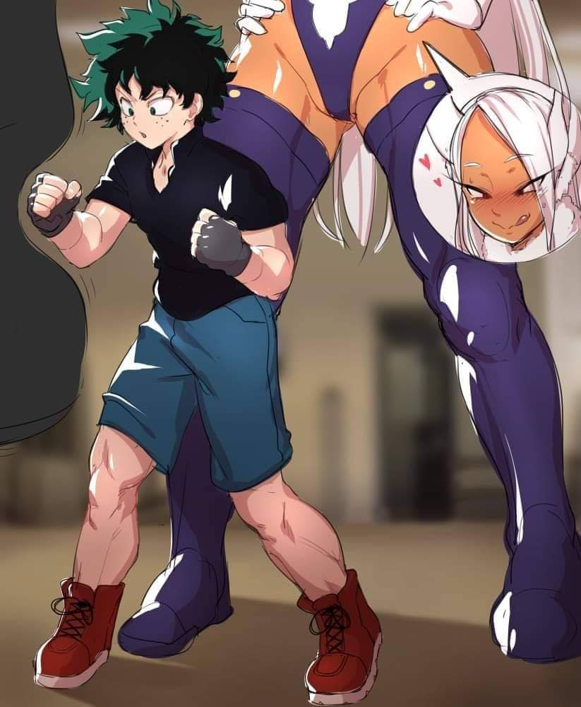 1boy, 1girls, ariel lopez, blush, bunny ears, clothed, clothed female, clothed male, dark skin, dark-skinned female, female, green hair, gym uniform, hero outfit (mha), imminent sex, izuku midoriya, licking lips, long hair, looking down, male, miruko, my hero academia, punching bag, rumi usagiyama, shoes, size difference, sneakers, tan body, white hair, working out