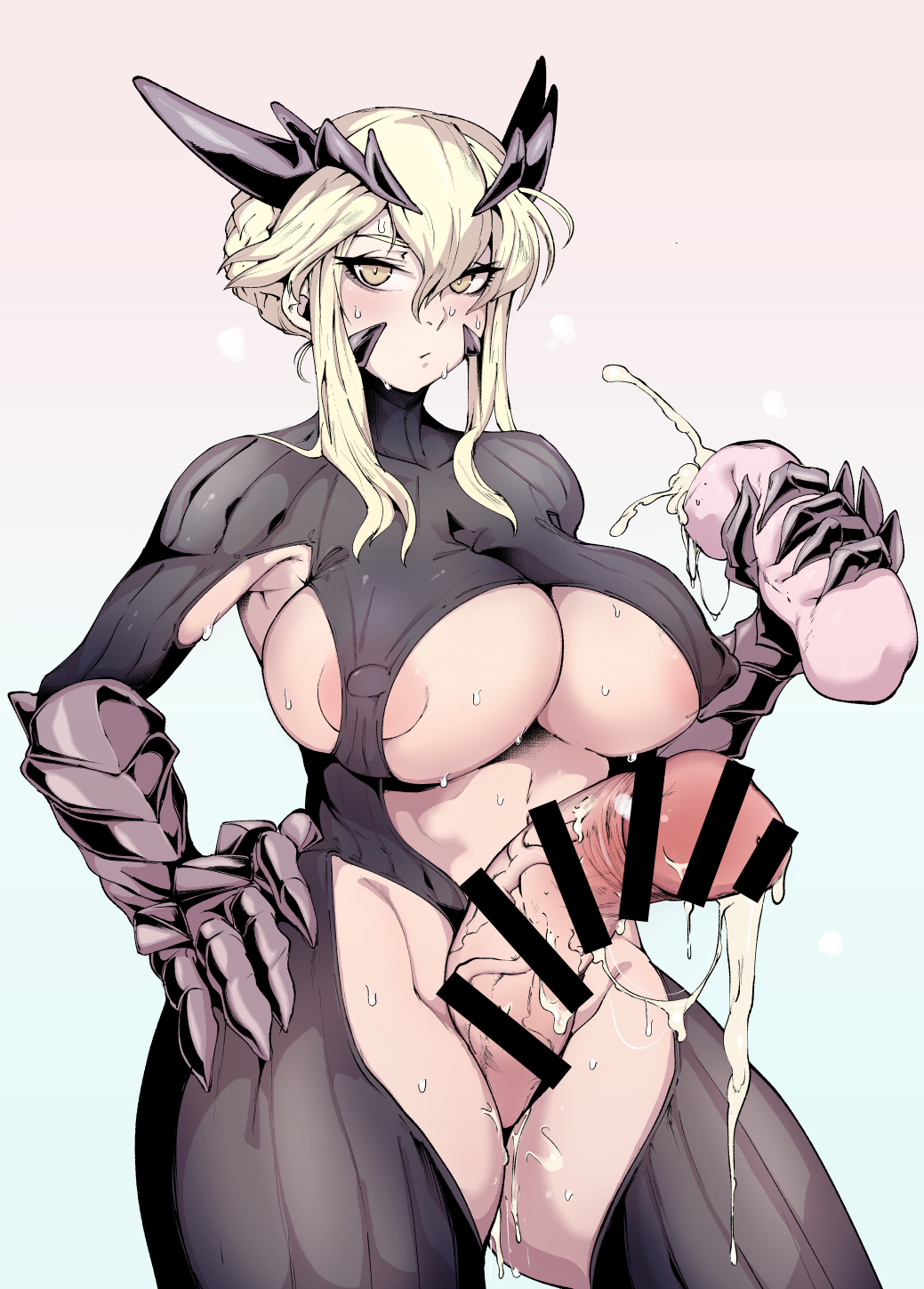 1futa after_masturbation areolae artoria_pendragon artoria_pendragon_(lancer_alter) bar_censor big_breasts big_penis breasts censored clothed clothing cum_drip cum_in_onahole cum_in_sex_toy cum_squirt fate/grand_order fate_(series) fishine futa_only futa_sans_balls futanari huge_cock humanoid humanoid_penis long_hair onahole pale_skin partially_clothed penis solo solo_futa sweat sweatdrop thick_thighs