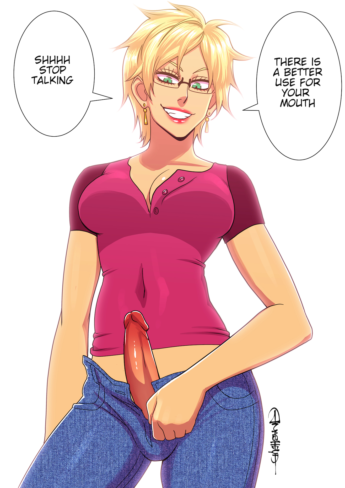 1futa, anal invaders, anasheya, big penis, blonde hair, clothed, clothes, clothing, dialogue, erection, futa only, futadom, futanari, green eyes, human, intersex, invitation, inviting, jeans, large penis, looking at viewer, looking down, mostly clothed, open pants, pale skin, penis, pink shirt, playful, smile, smirk, solo, solo futa, t-shirt, tease, teasing, teeth, text, unzipped, unzipped pants, unzipping