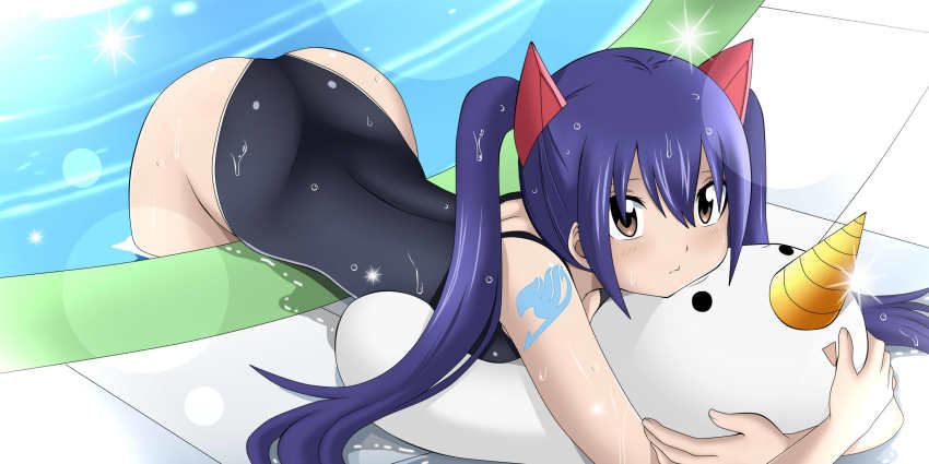 1girls, blue hair, blue tattoo, blue-haired female, brown eyes, fairy tail, fairy tail mark, female, pool, shoulder tattoo, swimsuit, tattoo, water, wendy marvell