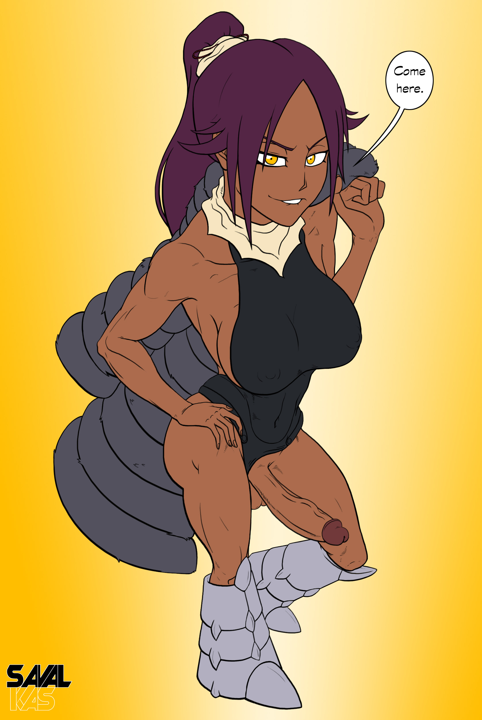 1futa, athletic, balls, big penis, biting lip, bleach: the thousand-year blood war, boots, breasts, cat girl, catgirl, coat, contrapposto, dark skin, dark-skinned futa, dialogue, erection, female, fur, futa only, futanari, human, intersex, invitation, inviting, large breasts, large penis, leotard, looking at viewer, muscular, penis, ponytail, purple hair, savalkas, shihouin yoruichi, solo, solo futa, text, toned, yellow eyes