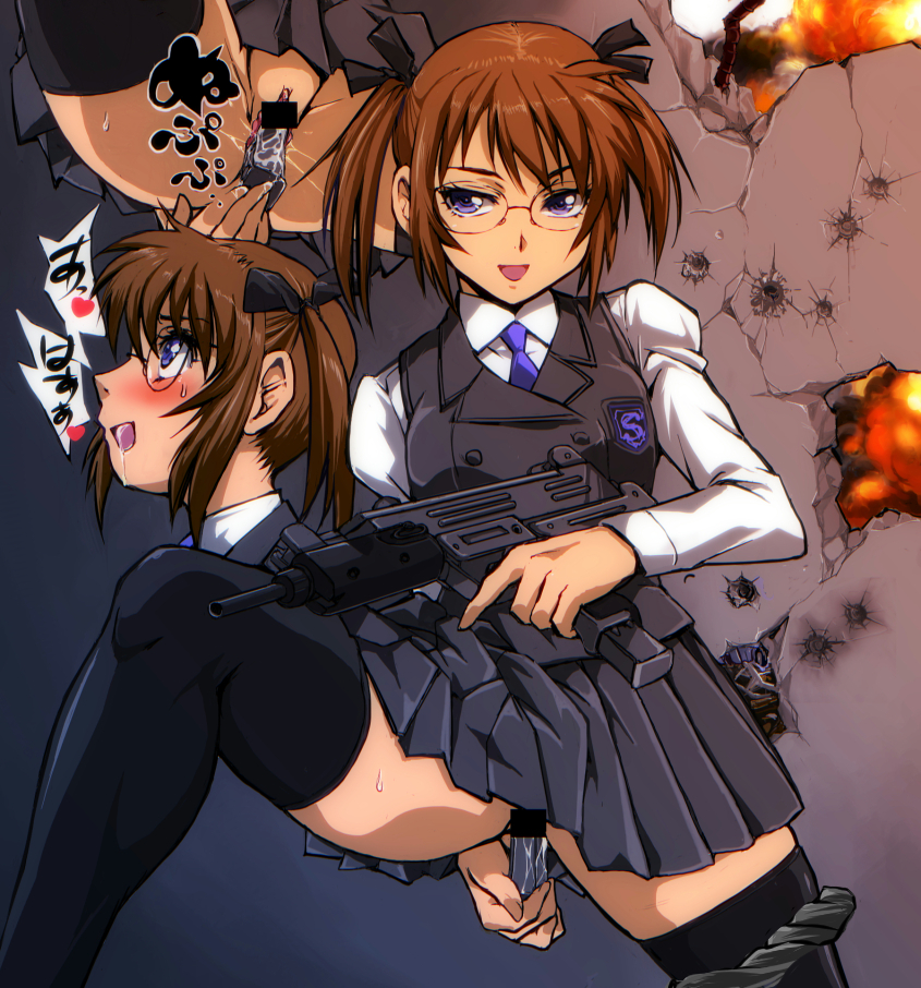 :d black_legwear blush brown_hair bullet_hole censored commentary_request drooling female glasses gun gun_girl_(kamisimo_90) hair_ribbon imi_uzi kamisimo_90 machine_pistol magazine_(weapon) masturbating_with_weapon masturbation object_insertion open_mouth original panties panties_around_one_leg purple_eyes pussy pussy_juice revision ribbon saliva sanpaku school_uniform short_hair short_twintails skirt smile solo submachine_gun thighhighs twintails underwear uniform weapon