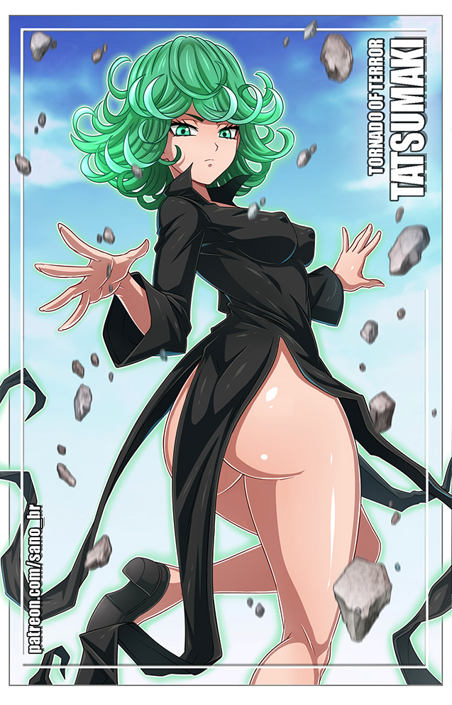 1girls, ass, clothed, covered nipples, dress, erect nipples, erect nipples under clothes, female, female only, fully clothed, green hair, high heels, nipple bulge, nipples, no panties, one-punch man, sano-br, shounen jump, solo, tatsumaki