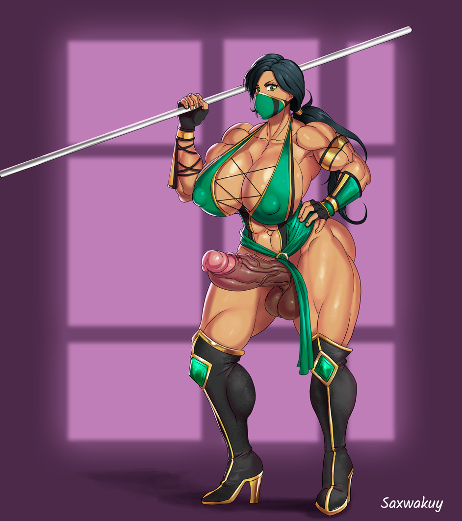 1futa, 2d, big breasts, big penis, breasts, cleavage, dickgirl, futa only, futanari, huge breasts, intersex, jade (mortal kombat), large breasts, mortal kombat, mortal kombat (2011), muscles, muscular, muscular futa, penis, saxwakuy, solo, solo futa