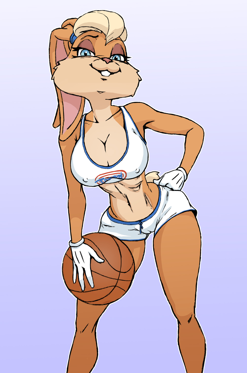 1girls, anthro, basketball uniform, batesz, blue eyes, brown fur, bunny girl, clothing, female, female focus, female only, fur, hourglass figure, lagomorph, lola bunny, long ears, looney tunes, pinup, pinup pose, pose, posing, rabbit, solo, space jam, tagme, uniform, voluptuous, warner brothers