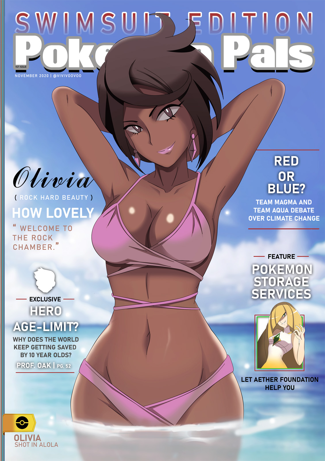 1girls, 2020, 2d, 2d (artwork), adult female, armpits, arms behind head, belly, belly button, bikini, breasts, brown eyes, brown hair, character name, dark skin, dark-skinned female, earrings, elite four, english text, fashion model, female, female focus, female only, human, human only, large breasts, lipstick, lusamine (pokemon), magazine, magazine cover, mature female, milf, model, modeling, navel, nintendo, olivia (pokemon), pageantry, pink bikini, pokemon, pokemon sm, pose, questionable, realistic breast size, realistic proportions, sea, seaside, seductive, seductive smile, skimpy, skimpy bikini, solo, solo female, stretching, supermodel, swimsuit, swimwear, text, vivivoovoo