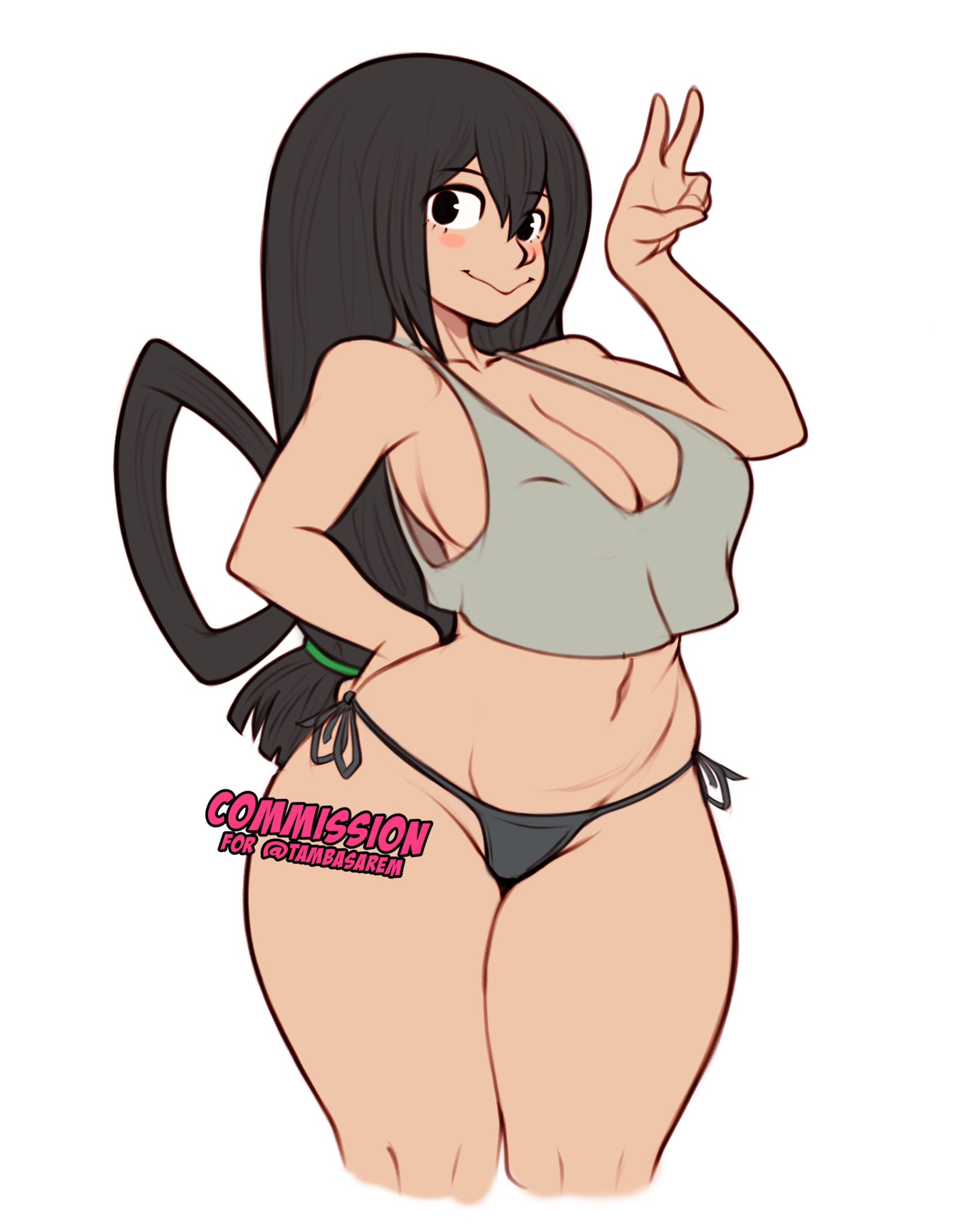 1girls, 2020, black hair, black-haired female, breasts, busty, cleavage, female, female focus, female only, hourglass figure, jakuson z, my hero academia, pinup, pinup pose, pose, posing, side-tie panties, solo, thick thighs, thighs, tsuyu asui, v, wide hips