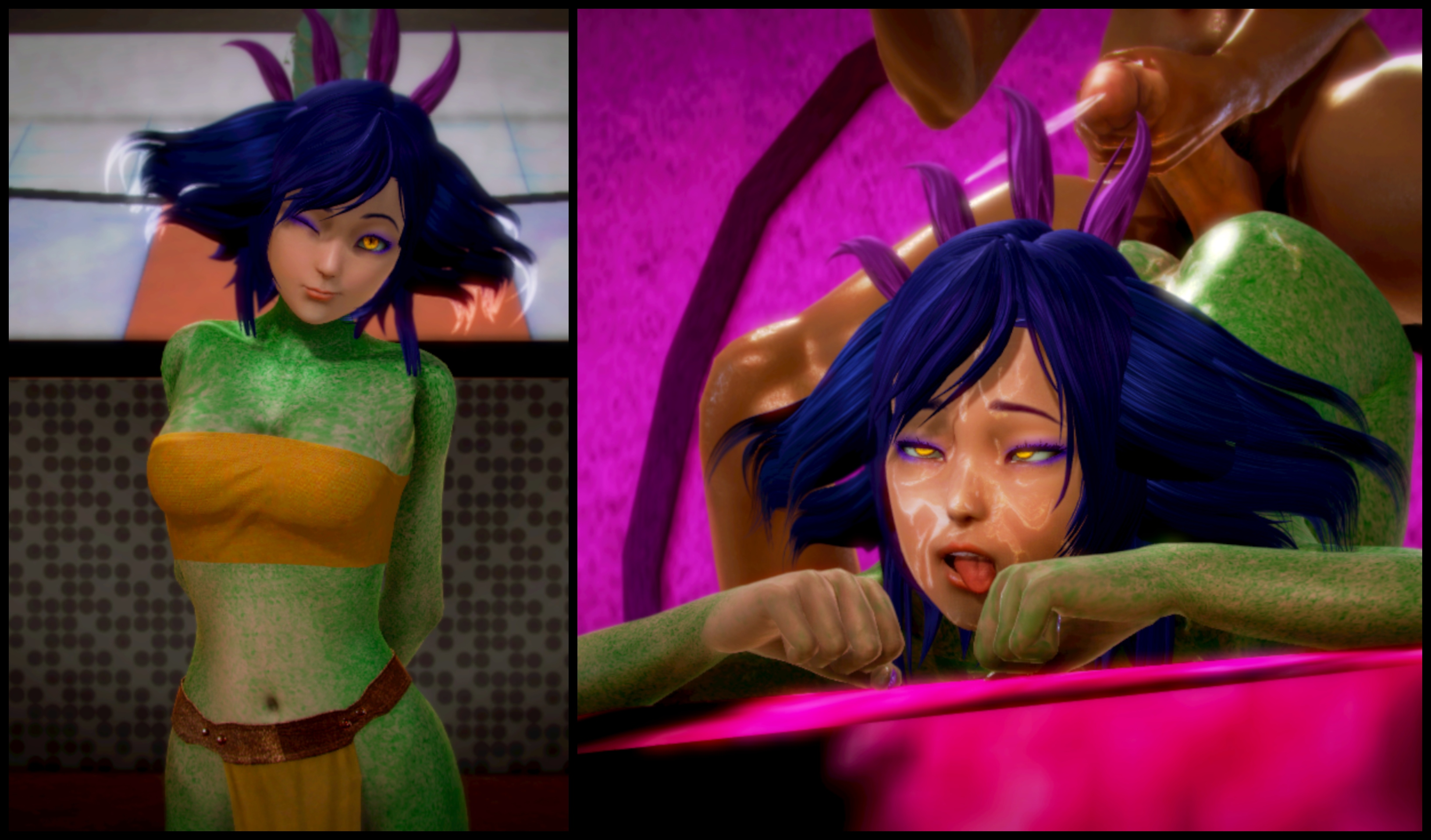 1boy, 1girls, 3d, after sex, ahe gao, blue hair, cum in mouth, cum on clothes, cum on face, cum on upper body, cumshot, dark skin, dark-skinned male, defeated, doggy style, face down ass up, female, fucked senseless, fucked silly, honey select, huge cock, humiliation, instant loss 2koma, league of legends, male, neeko, orientation play, penis, riot games, straight, tongue, tongue out
