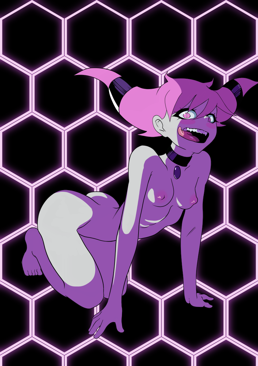 1girls, cartoon network, choker, dc, dc comics, female, female focus, female only, goth, grey skin, jinx (dc), long tongue, monochrome, mystic dong, naked, pink eyes, pink hair, solo, teen titans, twintails