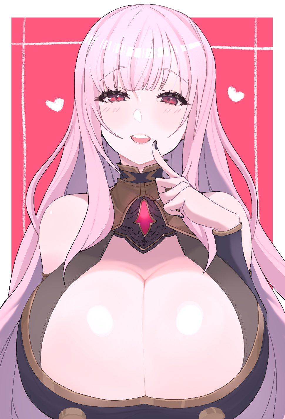 bangs, bare shoulders, black dress, black nails, blush, boob window, breasts, cleavage, cleavage cutout, covered, covered nipples, cute, detached sleeves, dress, female, finger to mouth, heart, hololive, hololive english, hololive myth, huge breasts, long hair, mori calliope, nail polish, open mouth, oshiikirablr, pink eyes, pink hair, red eyes, shiny, shiny skin, smile, solo, very long hair, virtual youtuber