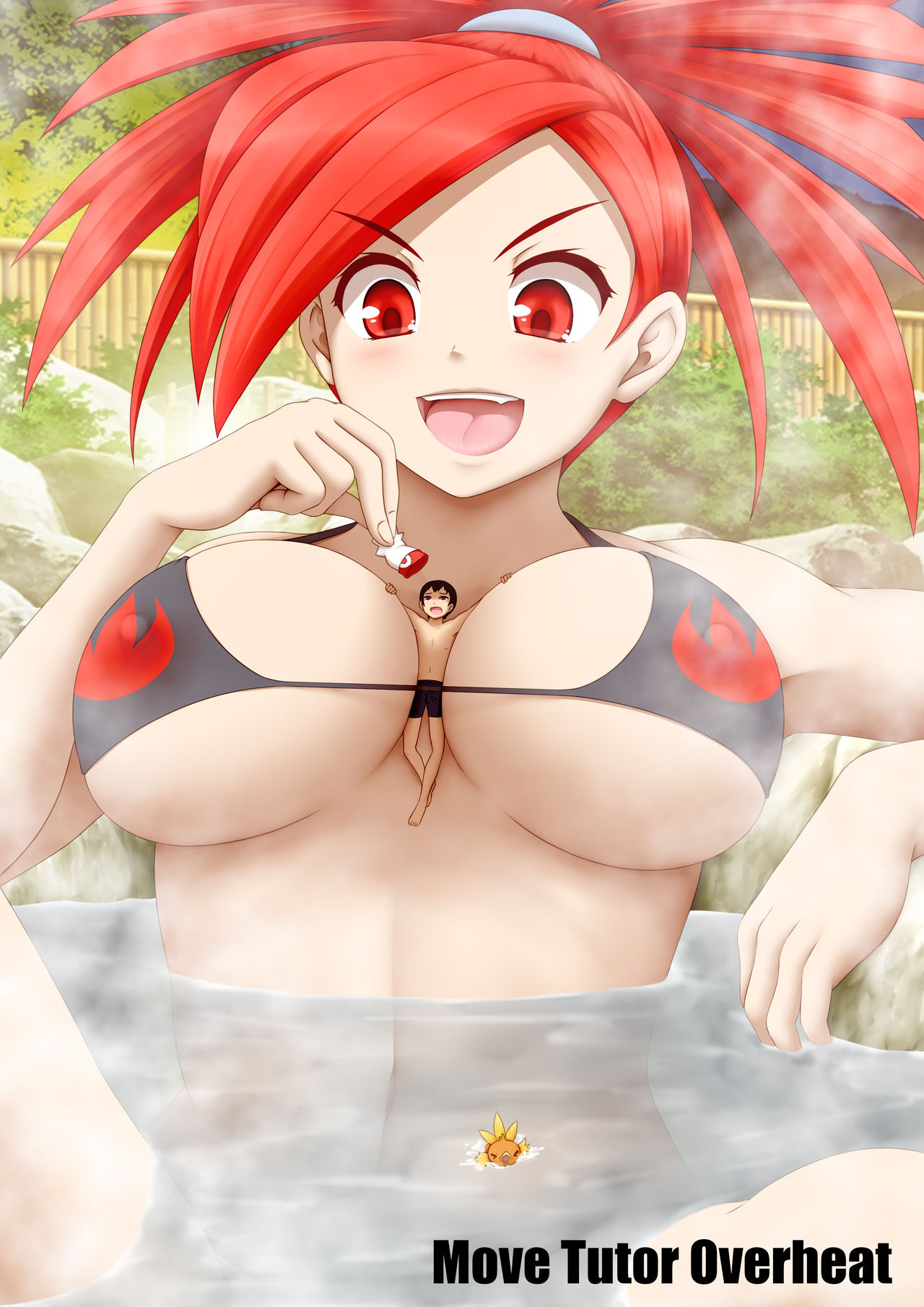 between_breasts big_breasts bikini_top brendan_(pokemon) cg17 color flannery_(pokemon) giantess hat hot_spring larger_female macro_female micro_in_cleavage micro_male micro_on_macro open_mouth person_between_breasts pokemon pokemon_rse red_eyes red_hair shrinking size_difference smaller_male smile steam teasing text torchic water