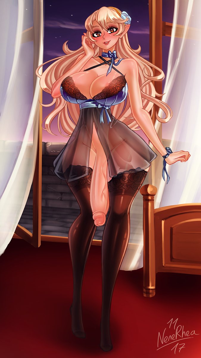 1futa, ass, bare shoulders, big ass, big breasts, blush, breasts, collarbone, corrin (fire emblem), corrin (fire emblem) (female), curvy, detailed background, female, fire emblem, fire emblem fates, flaccid, futanari, hourglass figure, intersex, lingerie, long hair, looking at viewer, milf, negligee, nenerhea, night, nintendo, partially clothed, penis, pointy ears, royalty, see-through clothing, smile, solo, thighhighs, veiny penis, window