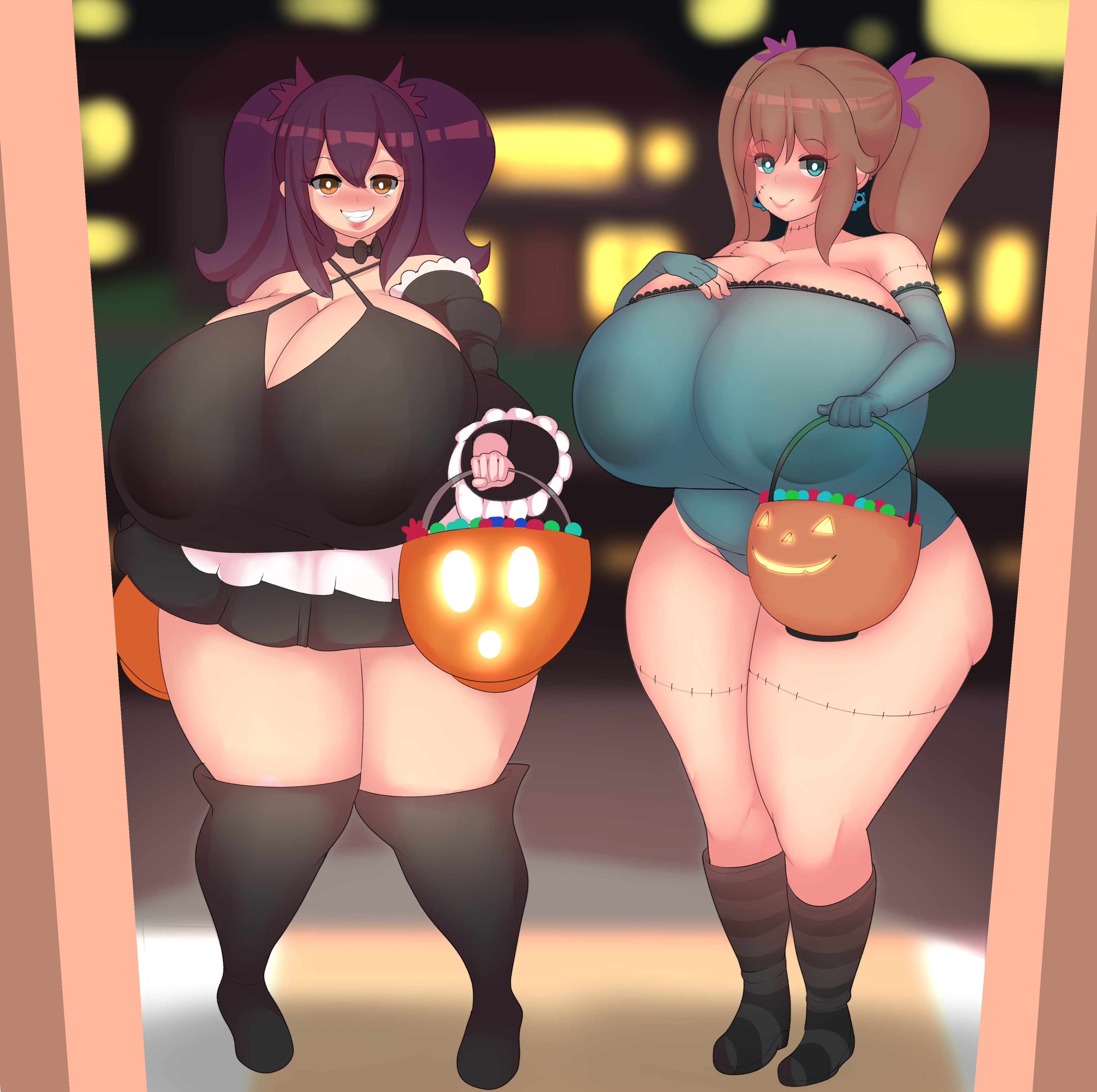 2girls, absurdres, big breasts, breasts, female, female only, fladdykin, highres, huge breasts, large breasts, looking at viewer, thick thighs, wide hips