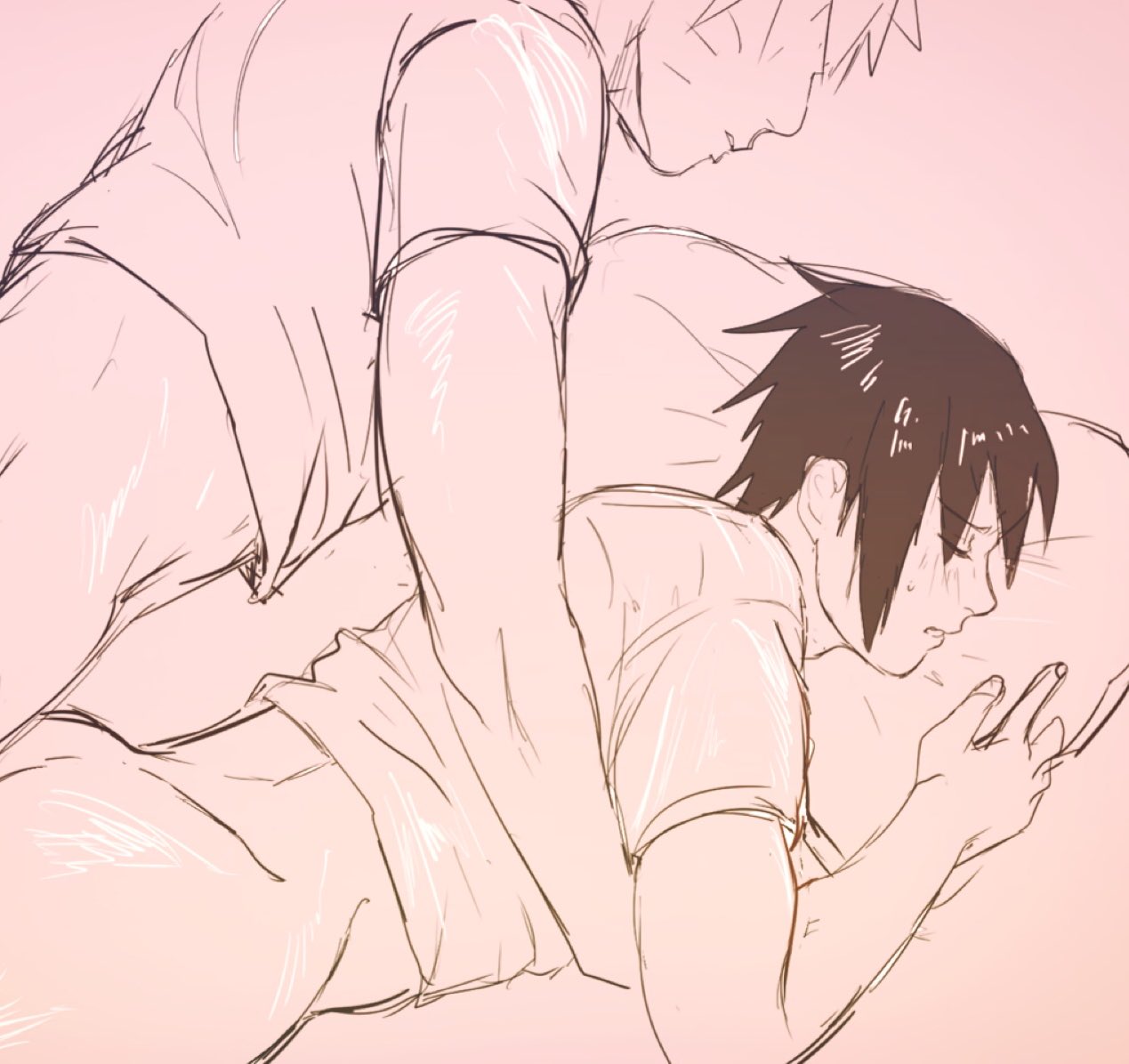 2boys, anal, anal sex, ass, black hair, blush, bottomless, closed eyes, clothed, clothing, gay, male, male only, male penetrating, male/male, naruto, naruto (series), naruto shippuden, no panties, p3st e, penetration, pillow, sasuke uchiha, sex, sketch, t-shirt, twink, uzumaki naruto, whisker markings, whiskers, yaoi