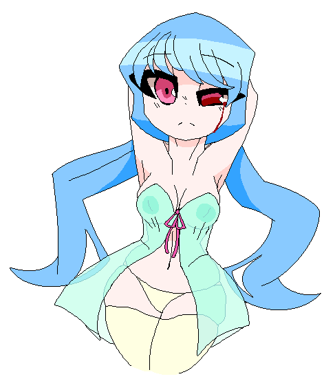 bleeding bleeding_eyes blue_hair byternomar chest_exposed experimenting eye_bleeding eye_closed forced nipple_bulge nipples nipples_visible_through_clothing original_character panties pink_eyes red_eyes small_breasts testing thong white_skin