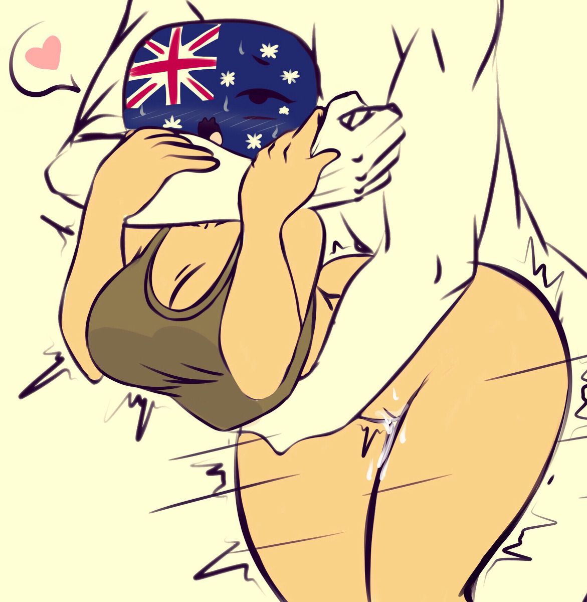 1girls, australia, australia (countryhumans), australian flag, countryhumans, countryhumans girl, cum, cum in pussy, female, flawsy, heart, humanoid, open mouth, orgasm, pussy, rolling eyes, sex, solo focus, tagme, tan, union jack, vaginal penetration