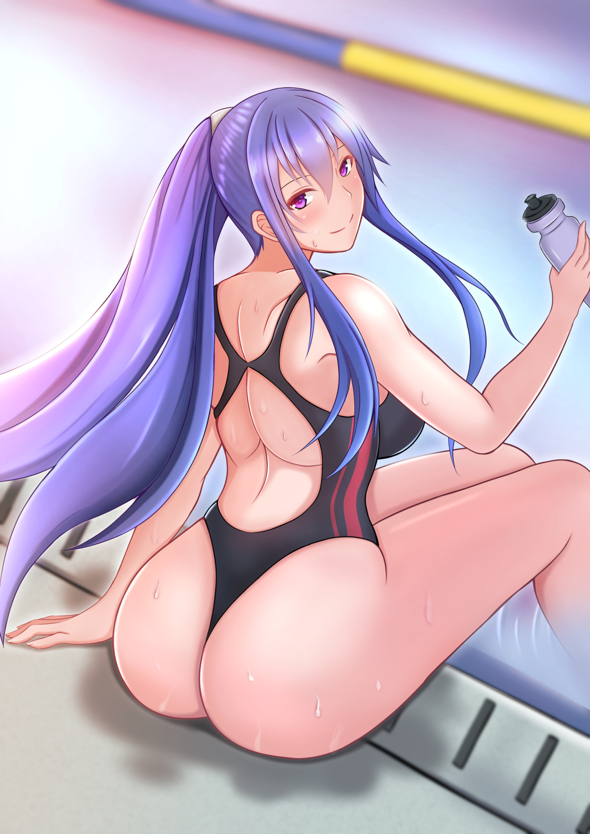 akiyama rinko, ass, blue hair, breasts, female, from behind, huge ass, kanna (minamozuki), large breasts, long hair, looking back, poolside, purple eyes, school swimsuit, schoolgirl, sitting, smile, swimming pool, taimanin (series), taimanin asagi, thong, wet
