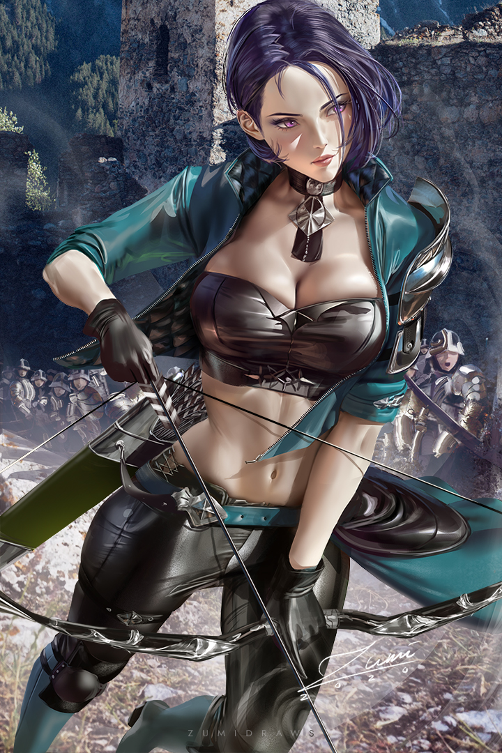 1girls, 2020, 2d, arrow (projectile), artist signature, bare midriff, big breasts, boots, bow (weapon), breasts, choker, cleavage, drawing bow, female, female focus, female only, fire emblem, fire emblem: three houses, heel boots, knee boots, lips, midriff, midriff baring shirt, nintendo, purple eyes, purple hair, quiver, shamir nevrand, short hair, soldiers, solo, solo female, tight clothes, tubetop, zumi