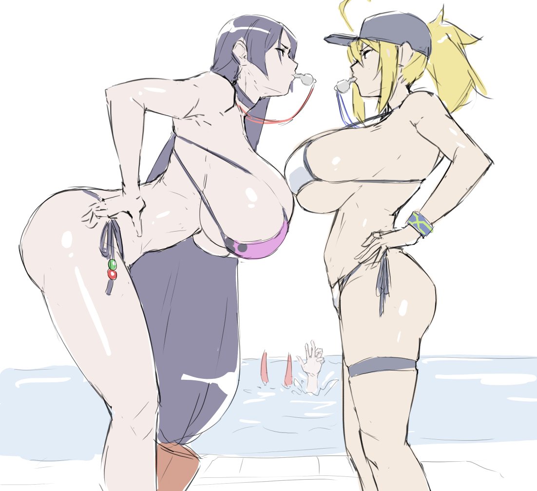 2girls, artoria pendragon, ass, baseball cap, beach, bent over, big breasts, bikini, blonde hair, breasts, cleavage, dark hair, eu03, eyepatch bikini, fate (series), fate/grand order, female, hand on hip, hand on own hip, huge breasts, looking at partner, mature female, milf, minamoto no raikou (fate/grand order), minamoto no raikou (swimsuit lancer), multiple females, multiple girls, mysterious heroine xx (foreigner), ponytail, side view, side-tie bikini, sideboob, thick thighs, water, whistle