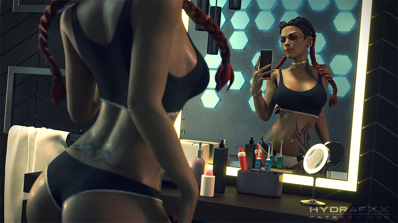 1girls, 3d, abs, apex legends, ass, big ass, black hair, blender, braid, braided hair, braided twintails, brazilian, breasts, brown eyes, brown hair, brown skin, brunette, cellphone, choker, dark skin, dark-skinned female, electronic arts, eyelashes, eyeliner, eyeshadow, female, female only, freckles, hydrafxx, latina, loba (apex legends), midriff, mirror, mirror selfie, multicolored hair, orange eyes, panties, petite, red eyeshadow, red hair, red lipstick, reflection, selfie, slim, solo, tank top, tattoo, tramp stamp, twintails, two-tone hair, wallpaper, yellow eyes