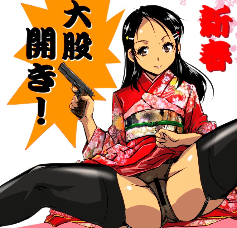 ass bar_censor black_hair black_legwear black_panties brown_eyes censored commentary_request crotch_seam female floral_print garter_straps gun hair_ornament hairclip hand_up handgun holding holding_gun holding_weapon japanese_clothes kamisimo_90 kimono long_hair looking_at_viewer new_year obi original panties pistol presenting print_kimono pussy red_kimono sash see-through simple_background solo spread_legs tanned_girl_(kamisimo_90) thighhighs underwear weapon