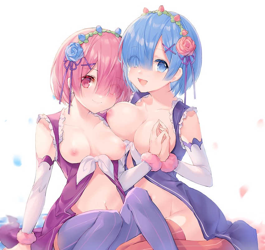 2girls blue_eyes blue_flower blue_hair blue_legwear blue_ribbon blue_rose blush breasts collarbone detached_sleeves eikaa flower hair_flower hair_ornament hair_over_one_eye hair_ribbon large_breasts looking_at_viewer maid maid_headdress medium_breasts multiple_girls navel nipples no_panties pink_eyes pink_flower pink_hair pink_legwear pink_rose purple_ribbon ram_(re:zero) re:zero_kara_hajimeru_isekai_seikatsu rem_(re:zero) ribbon rose roswaal_mansion_maid_uniform short_hair siblings simple_background sisters smile twins white_background x_hair_ornament