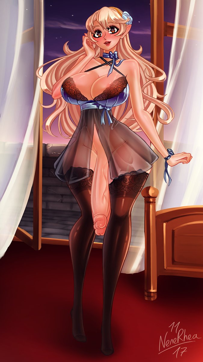 1futa, ass, big ass, big breasts, breasts, clothed, clothing, corrin (fire emblem), corrin (fire emblem) (female), curvy, diphallia, diphallism, female, fire emblem, fire emblem fates, futa only, futanari, hourglass figure, huge cock, humanoid, humanoid penis, intersex, lingerie, long hair, looking at viewer, multi genitalia, multi penis, negligee, nenerhea, nintendo, partially clothed, penis, pointy ears, solo, thick thighs, thin waist, veiny penis, wide hips