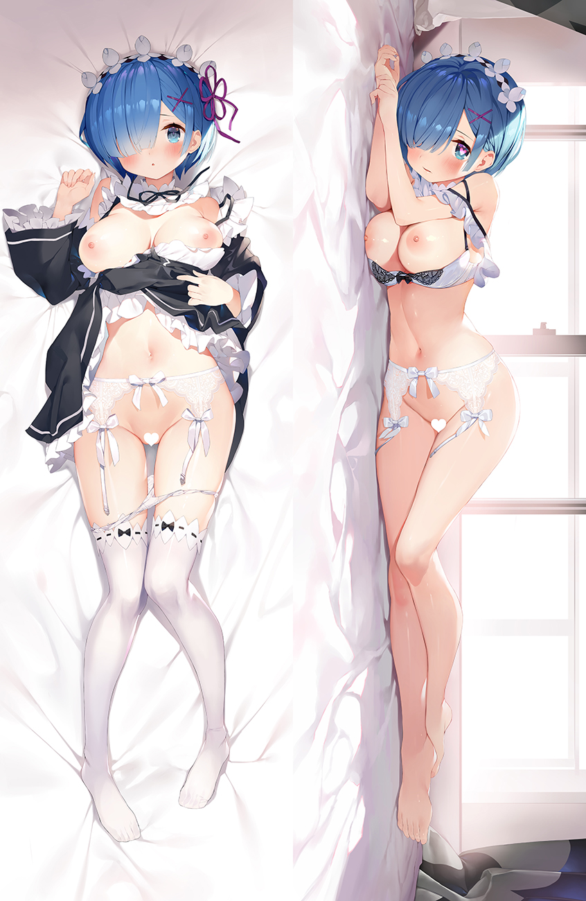 1girls bangs barefoot bed blue_eyes blue_hair blush bra breasts censored dakimakura detached_sleeves dress female frills gaou garter_belt garter_straps hair_ornament hair_over_one_eye hair_ribbon heart heart-shaped_pupils heart_censor large_breasts lingerie looking_at_viewer lying maid maid_headdress matsui_hiroaki multiple_views nipples on_back on_bed on_side open_mouth pink_ribbon pussy re:zero_kara_hajimeru_isekai_seikatsu rem_(re:zero) ribbon roswaal_mansion_maid_uniform short_hair symbol-shaped_pupils thighhighs underwear white_bra white_legwear x_hair_ornament