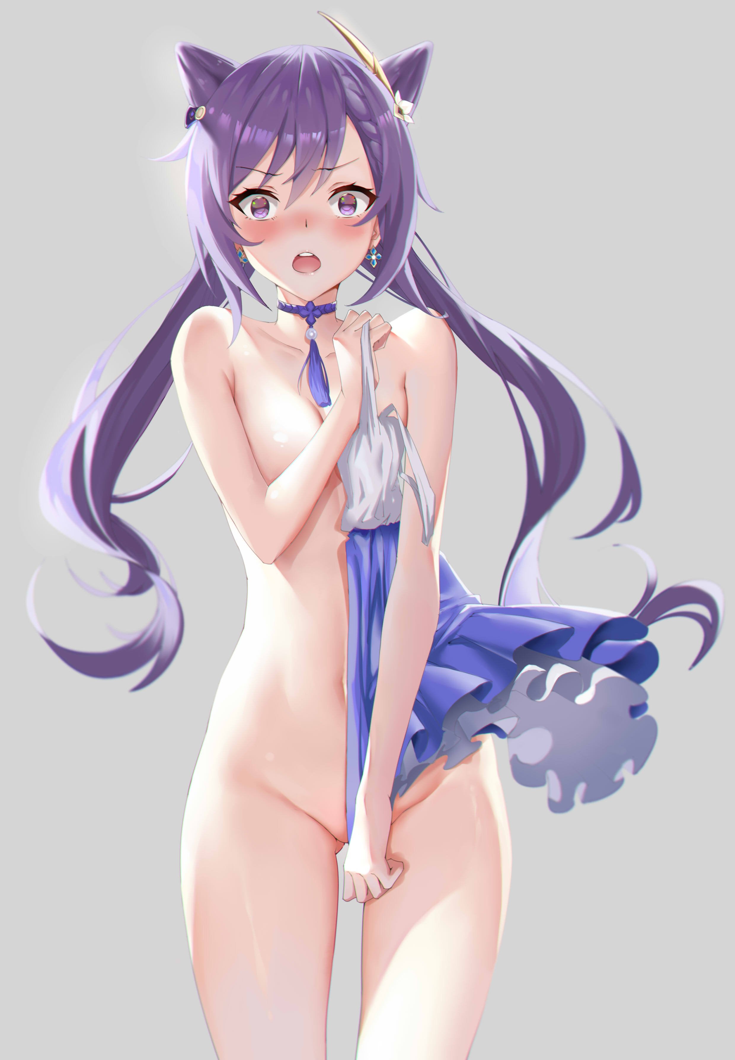 accidental exposure, blush, breasts, covering breasts, covering crotch, dress, embarrassed, embarrassed nude female, enf, female, genshin impact, keqing (genshin impact), looking at viewer, naked, nude, pov, twintails, walk-in